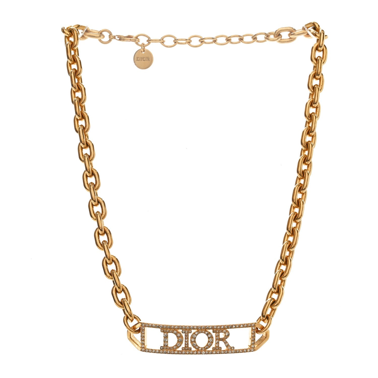 Christian Dior Metal Crystal Logo Chain Choker Necklace Gold