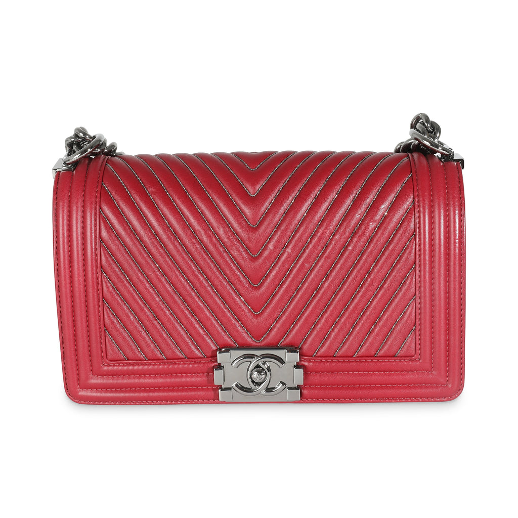 Chanel Burgundy Chevron Calfskin Chain Medium Boy Bag