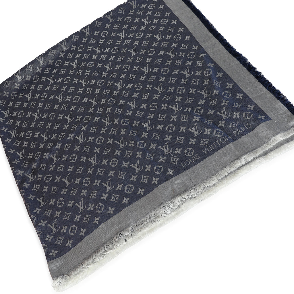 Louis Vuitton Blue Denim Silk Wool Monogram Shine Shawl