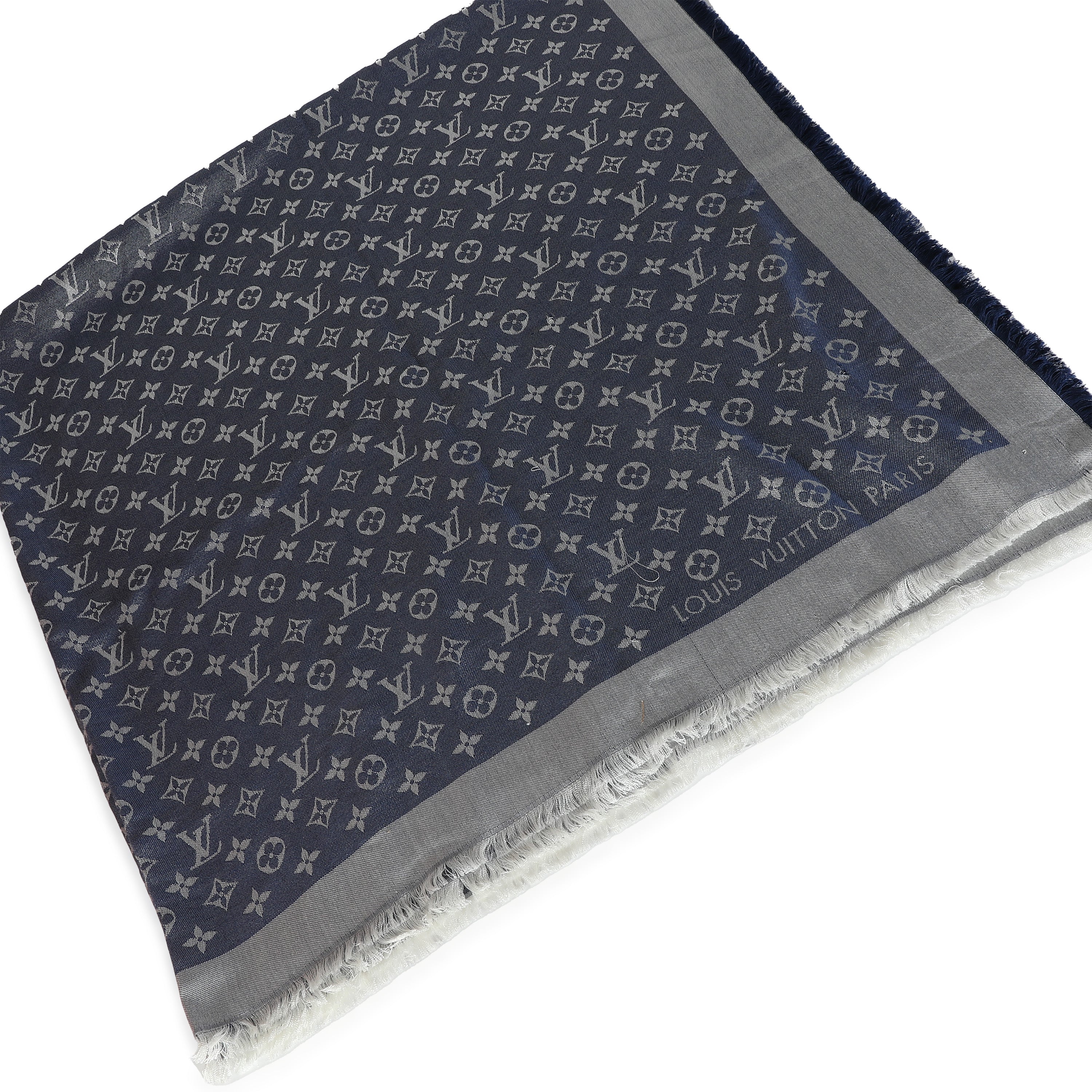Louis Vuitton Blue Denim Silk Wool Monogram Shine Shawl