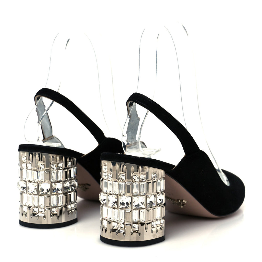 Prada Suede Crystal Block Heel Slingback Pump 37 Black