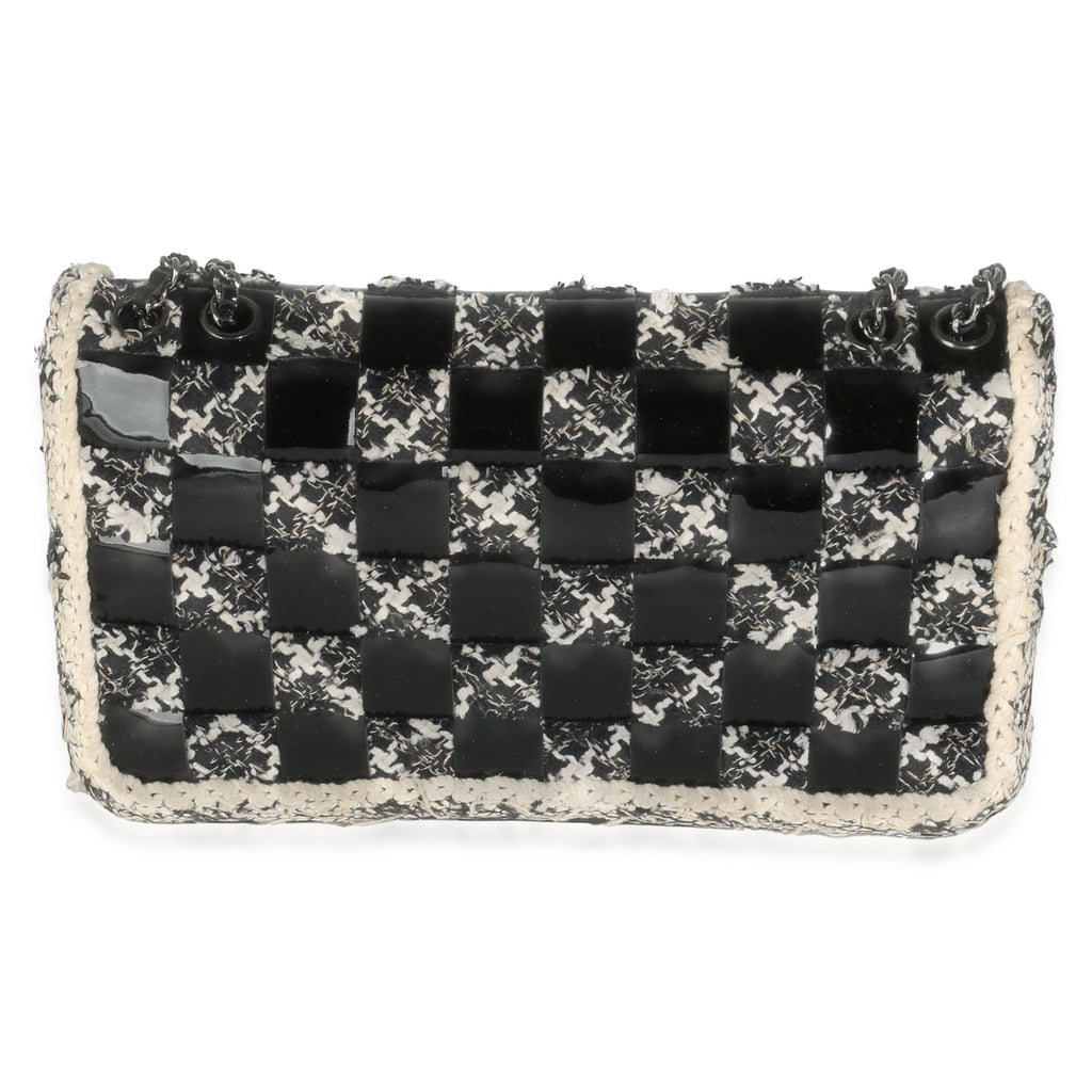 Chanel Black White Tweed Woven Patent Medium Flap Bag