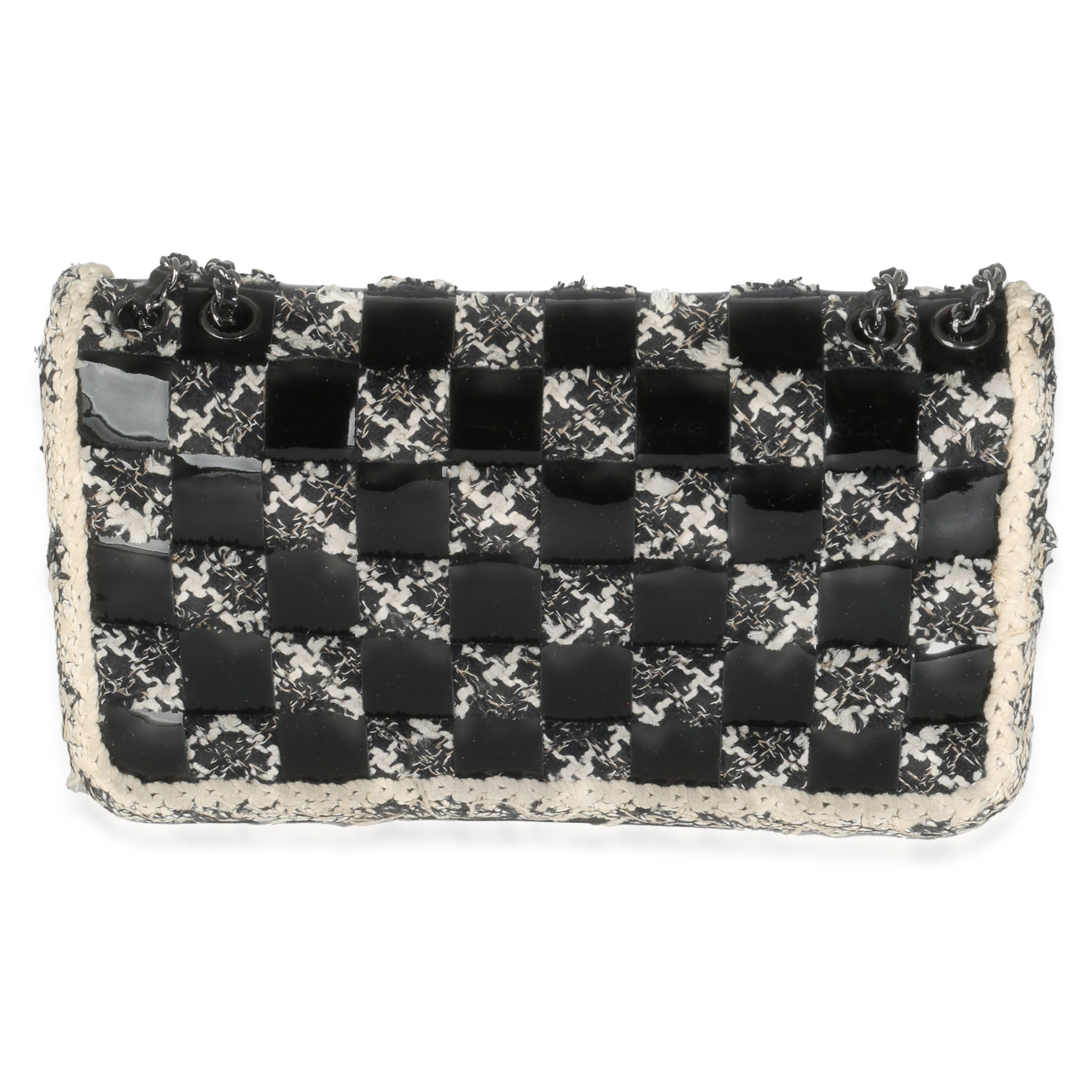 Chanel Black White Tweed Woven Patent Medium Flap Bag