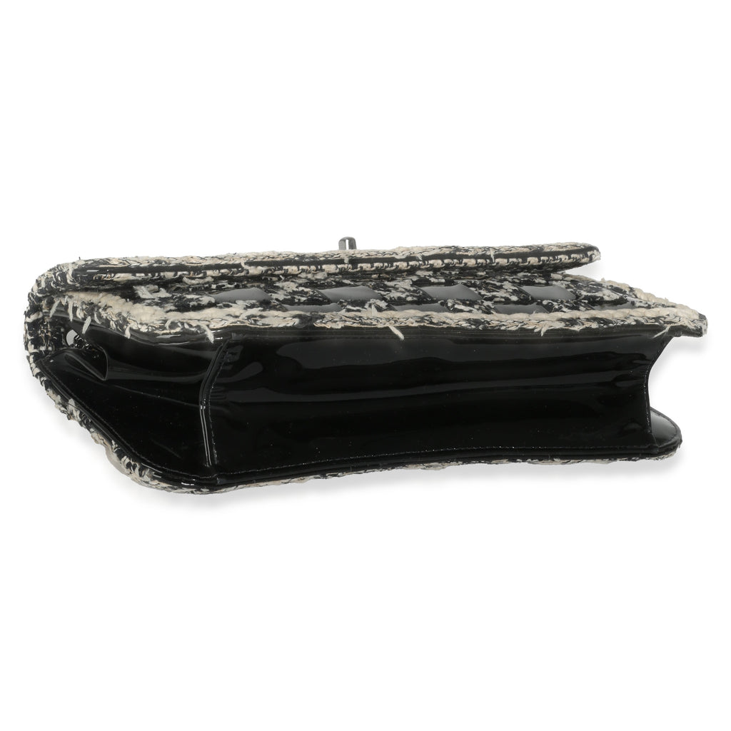 Chanel Black White Tweed Woven Patent Medium Flap Bag
