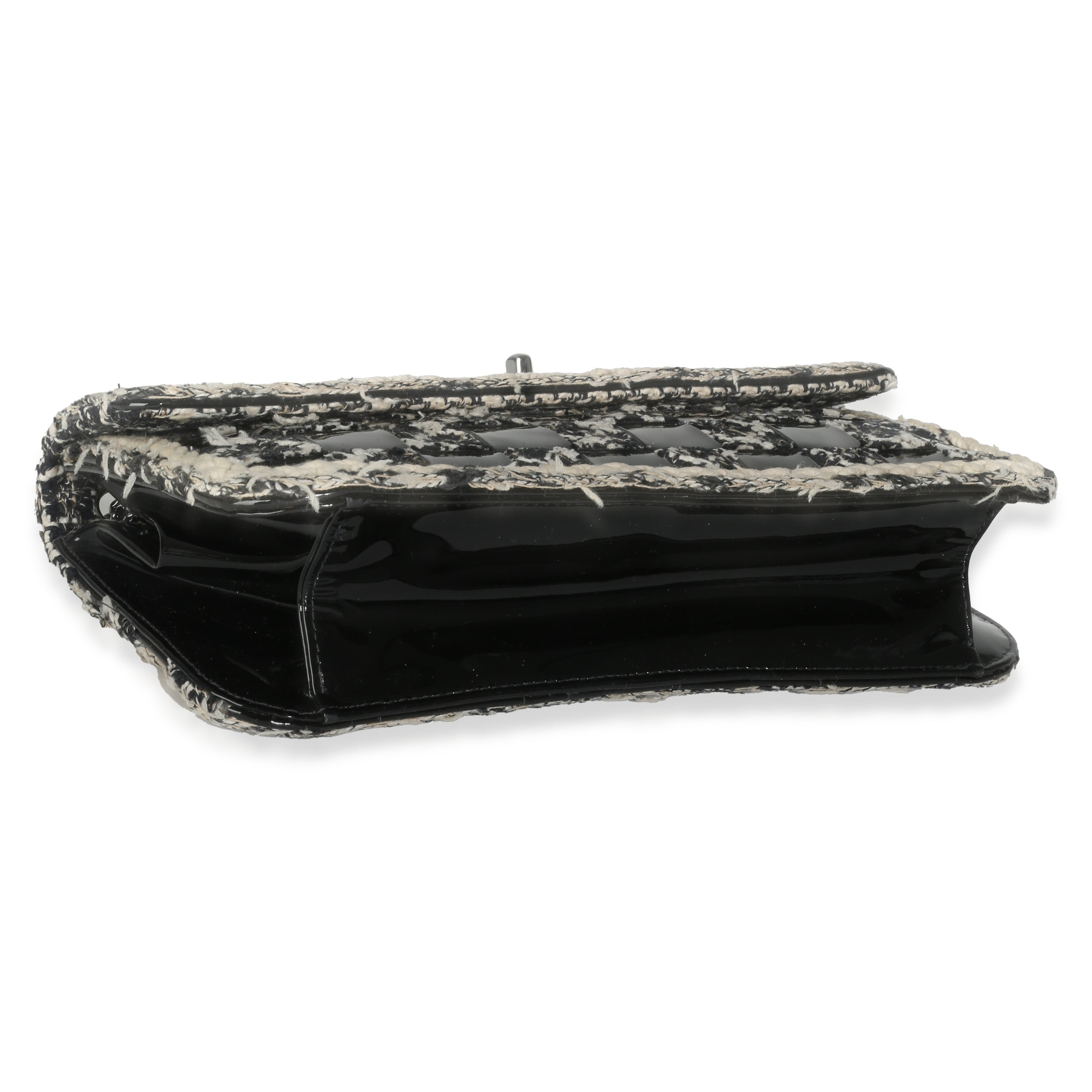 Chanel Black White Tweed Woven Patent Medium Flap Bag