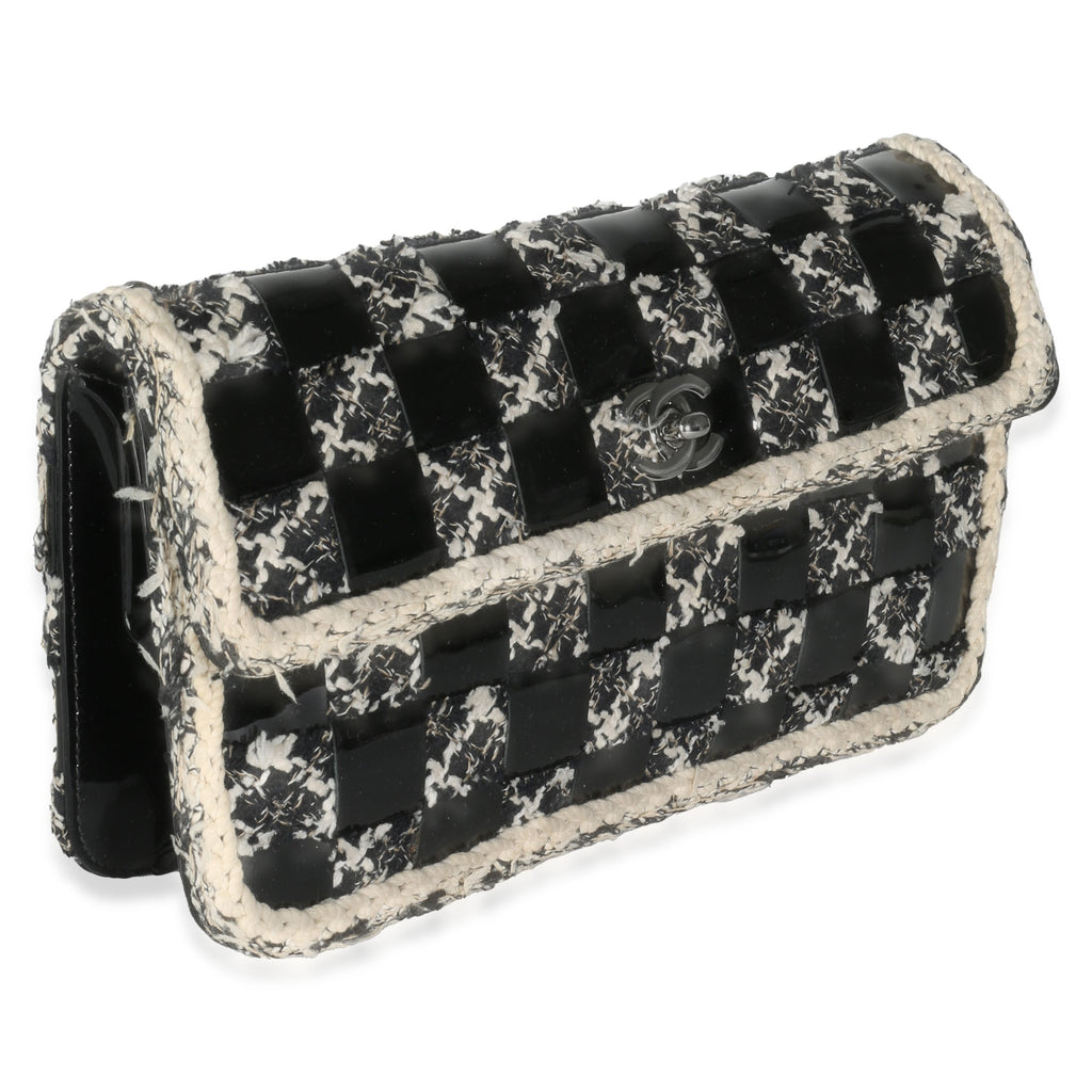 Chanel Black White Tweed Woven Patent Medium Flap Bag