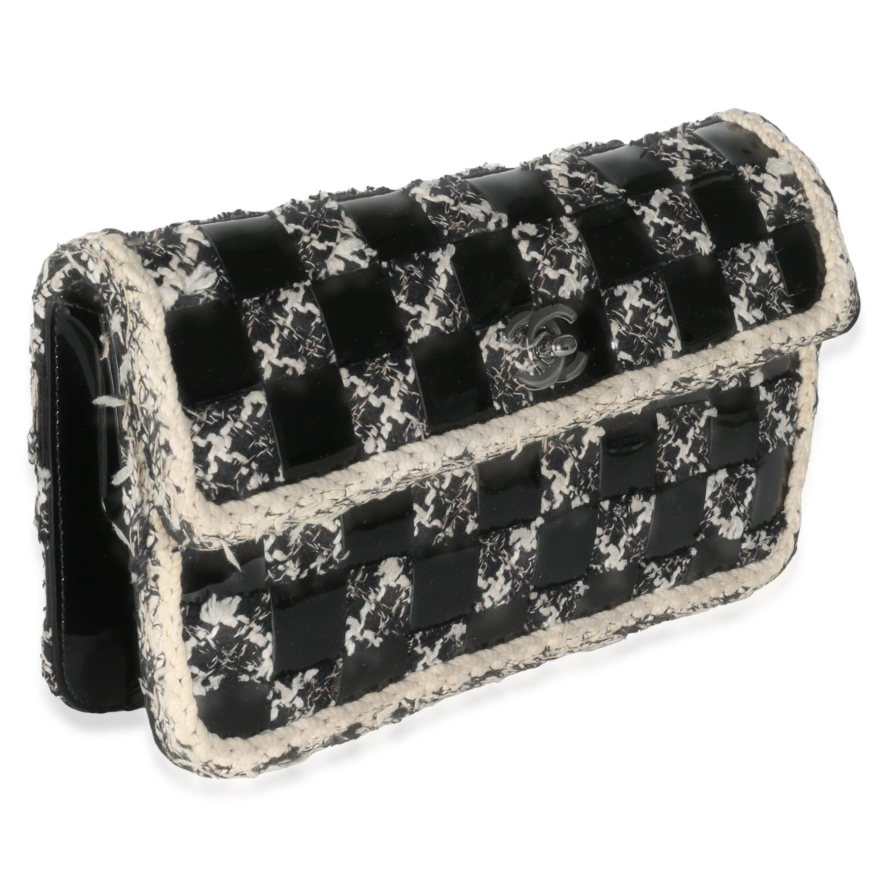 Chanel Black White Tweed Woven Patent Medium Flap Bag