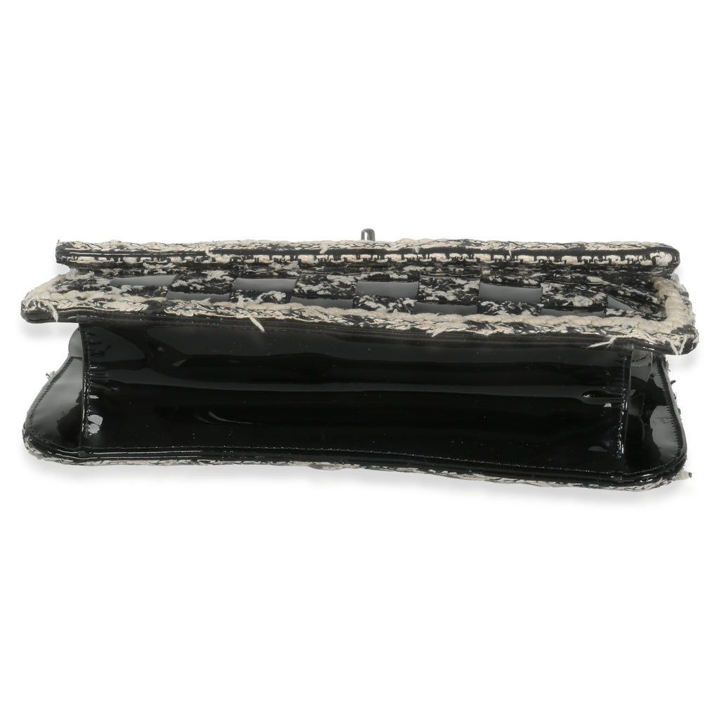 Chanel Black White Tweed Woven Patent Medium Flap Bag