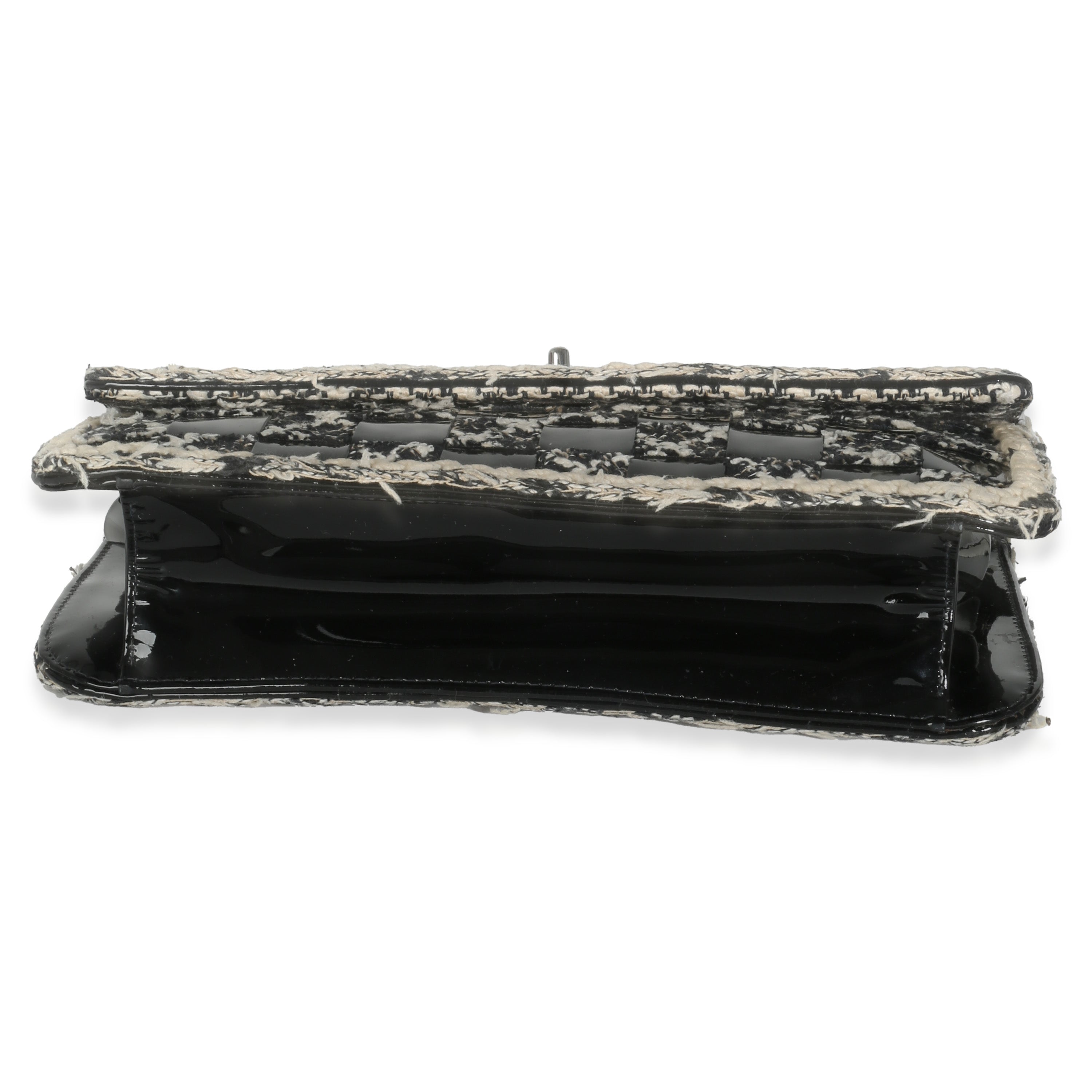 Chanel Black White Tweed Woven Patent Medium Flap Bag