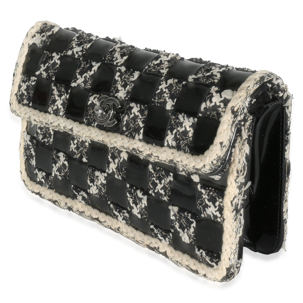 Chanel Black White Tweed Woven Patent Medium Flap Bag