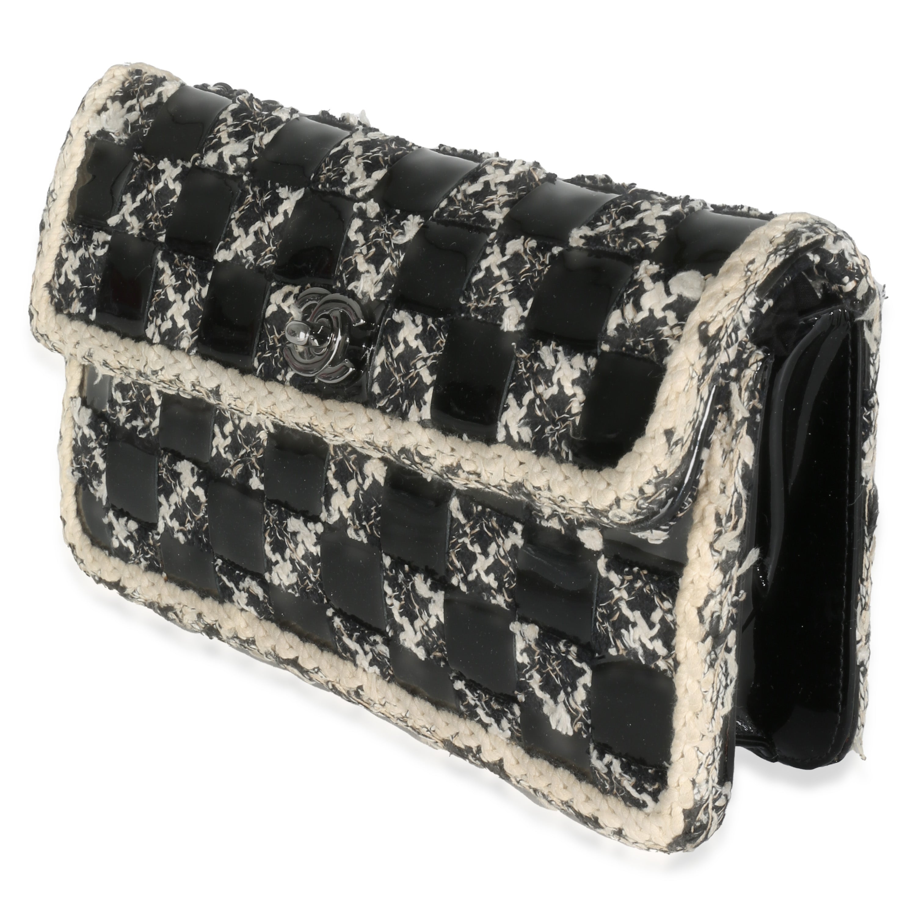 Chanel Black White Tweed Woven Patent Medium Flap Bag