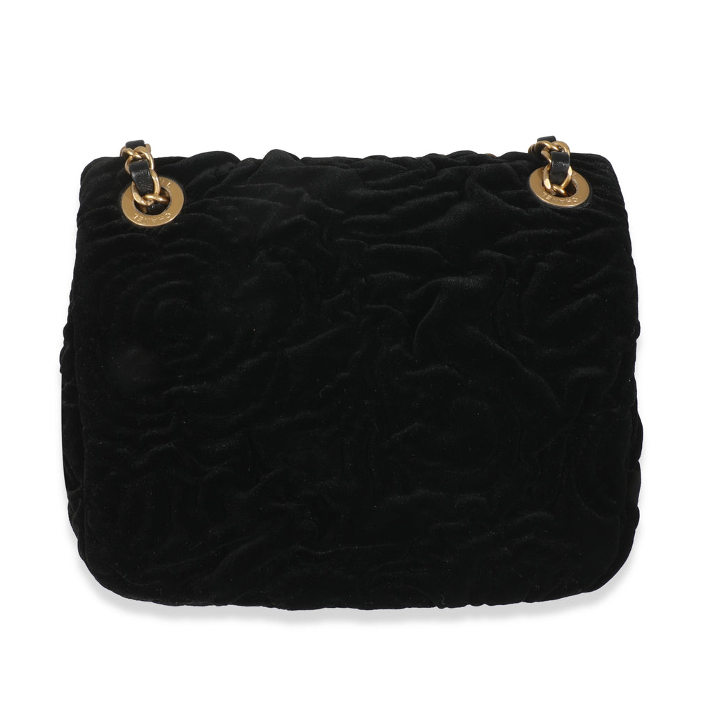 Chanel Black Camellia Embossed Velvet Mini Square Flap Bag
