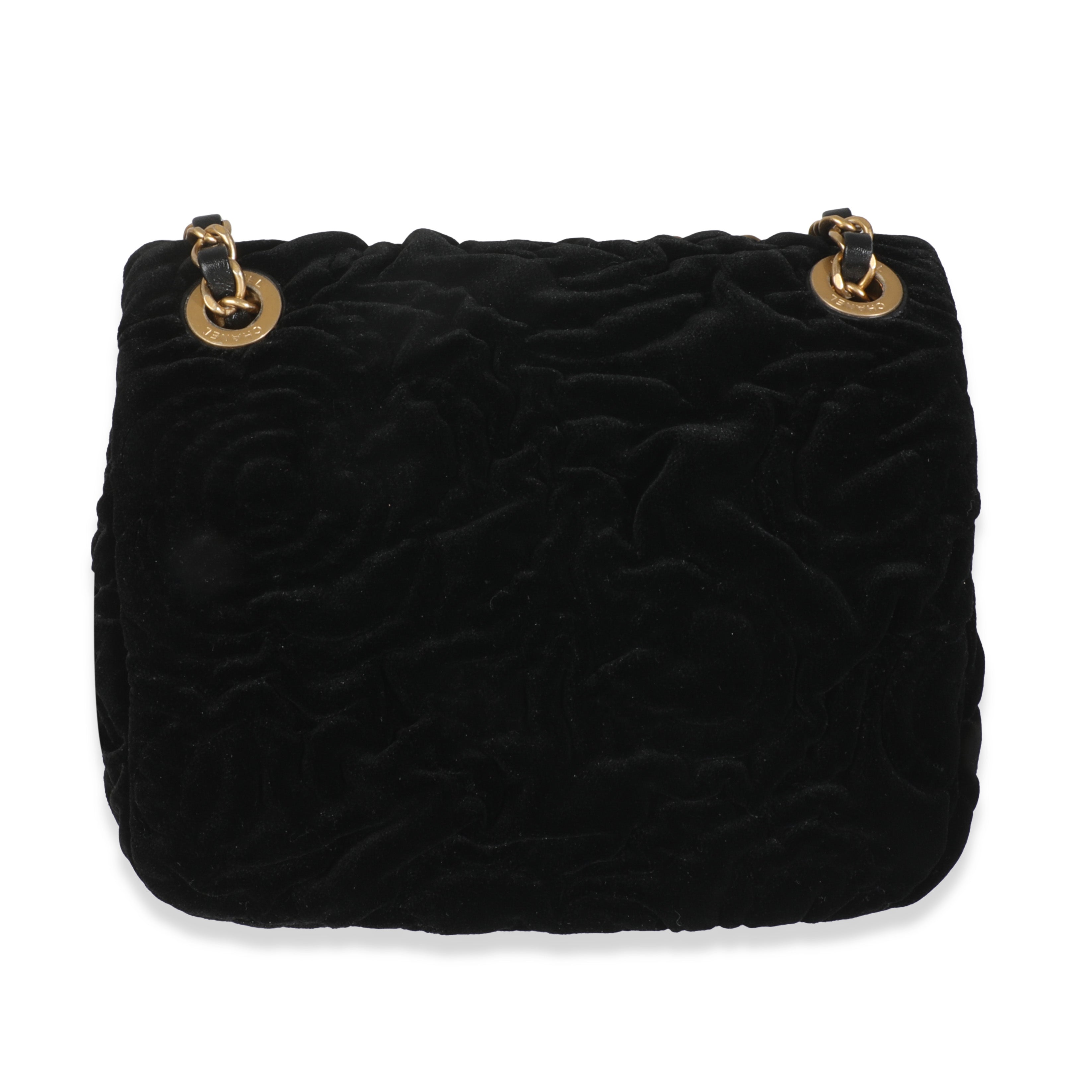 Chanel Black Camellia Embossed Velvet Mini Square Flap Bag