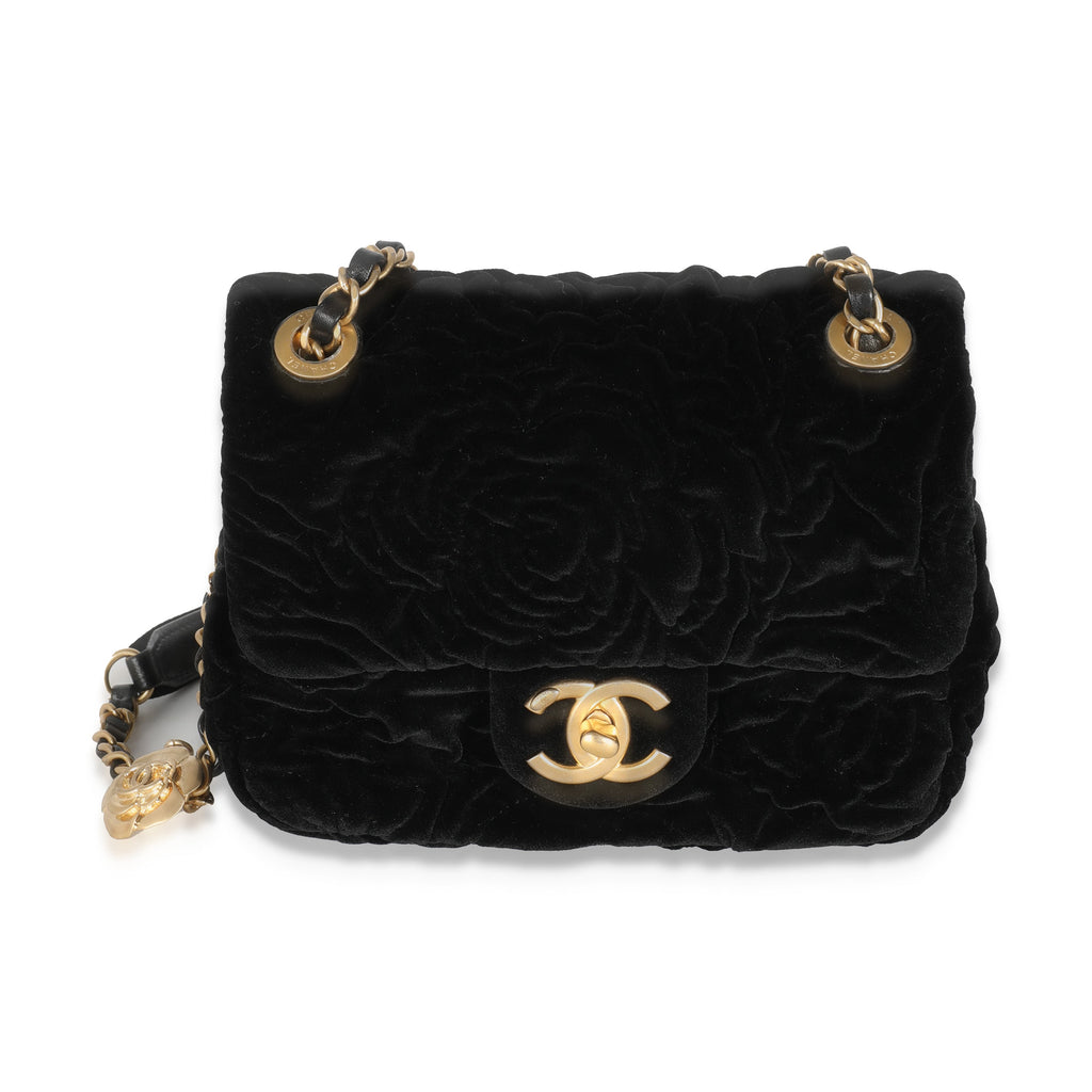 Chanel Black Camellia Embossed Velvet Mini Square Flap Bag
