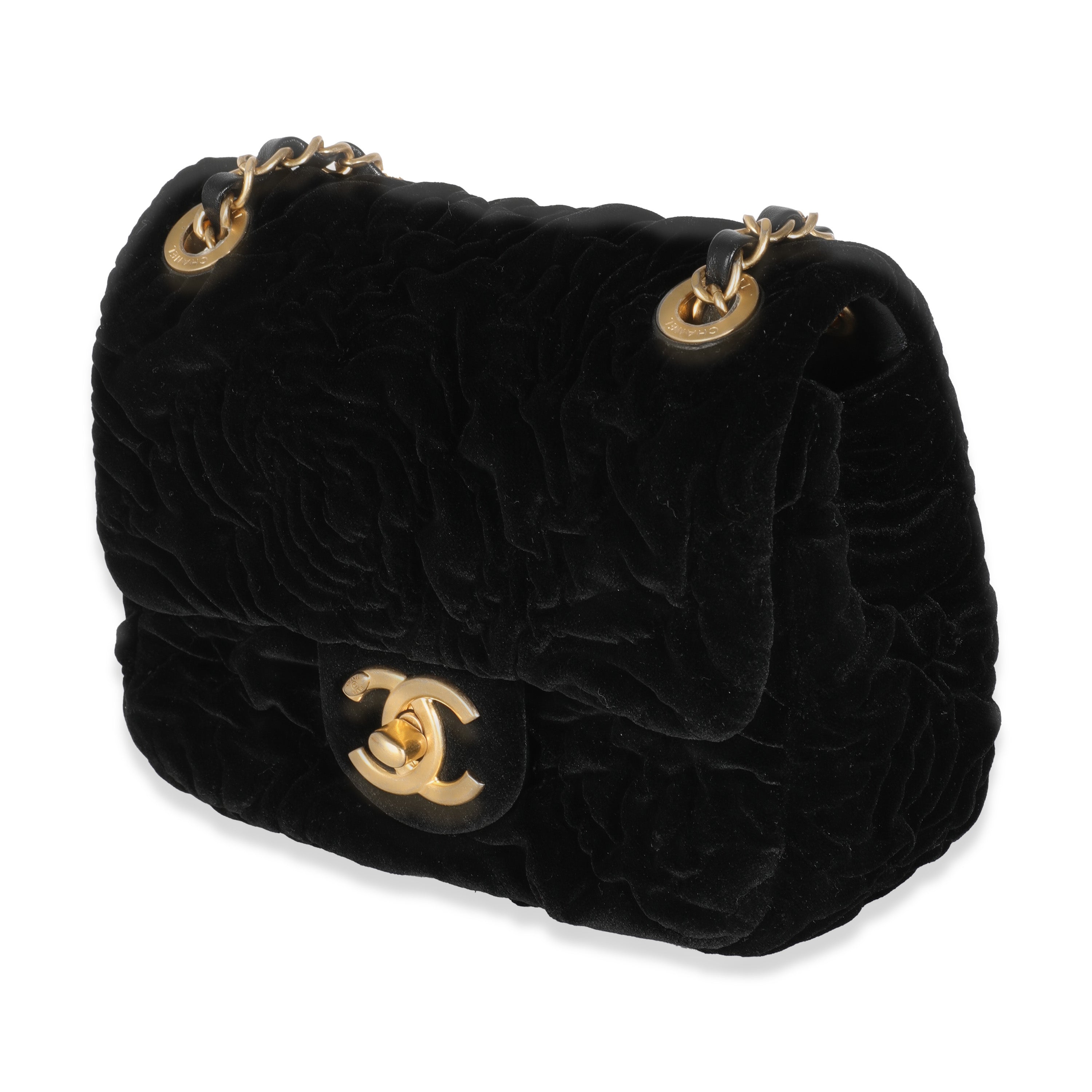 Chanel Black Camellia Embossed Velvet Mini Square Flap Bag