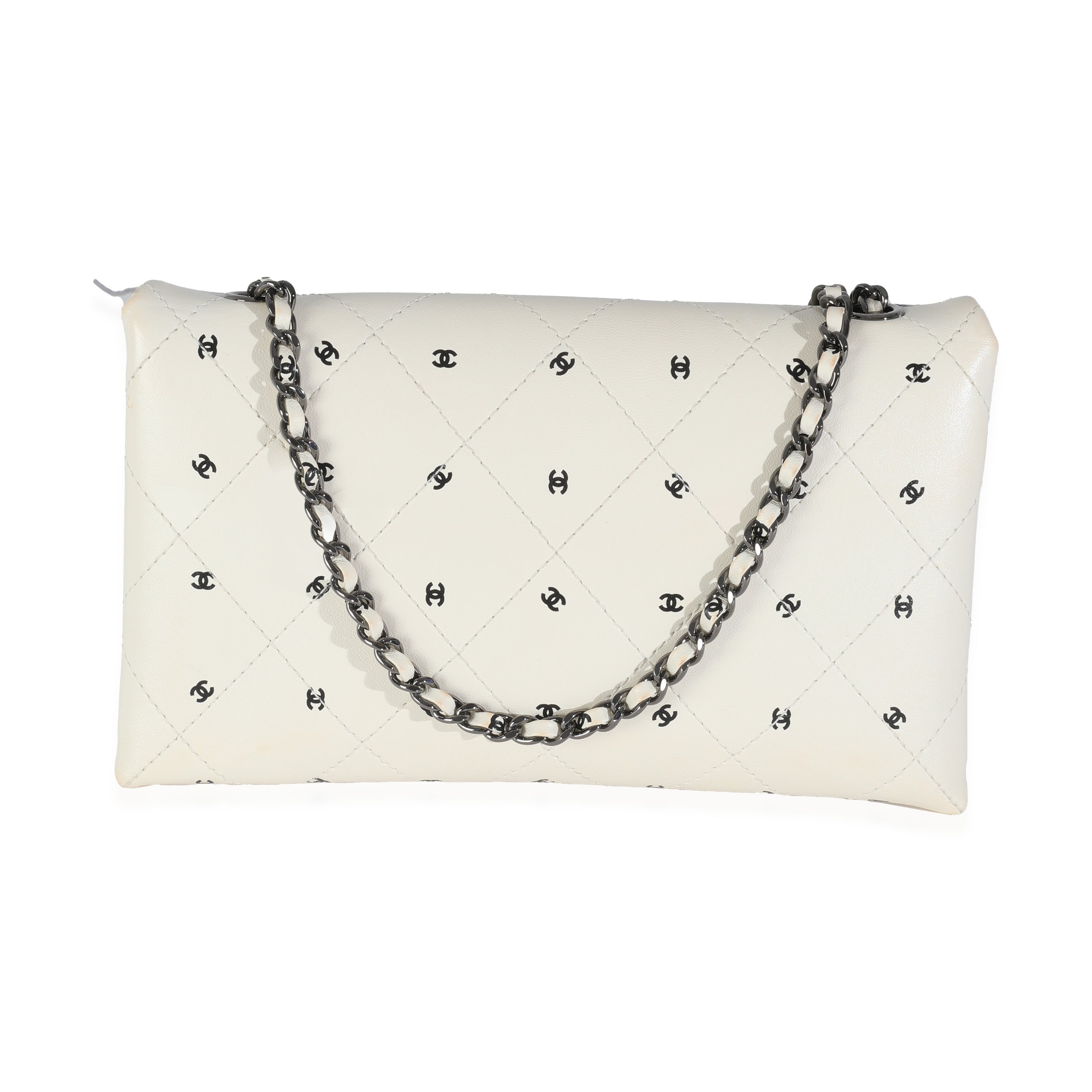 Chanel White Lambskin CC Logo Envelope Clutch With Chain