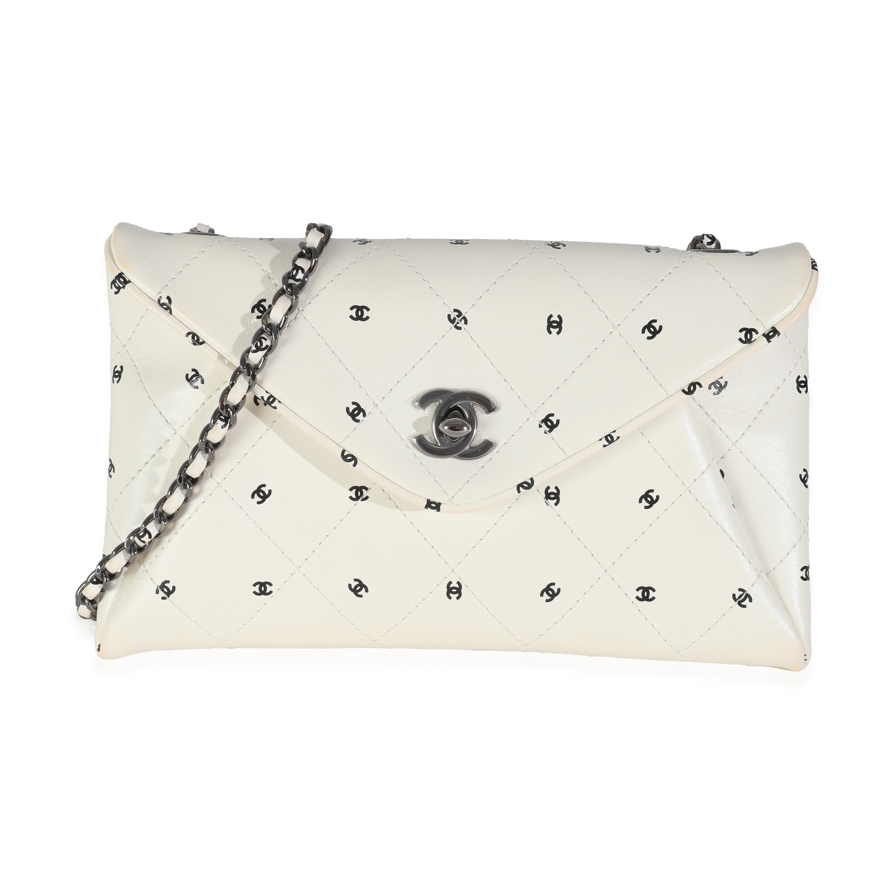 Chanel White Lambskin CC Logo Envelope Clutch With Chain