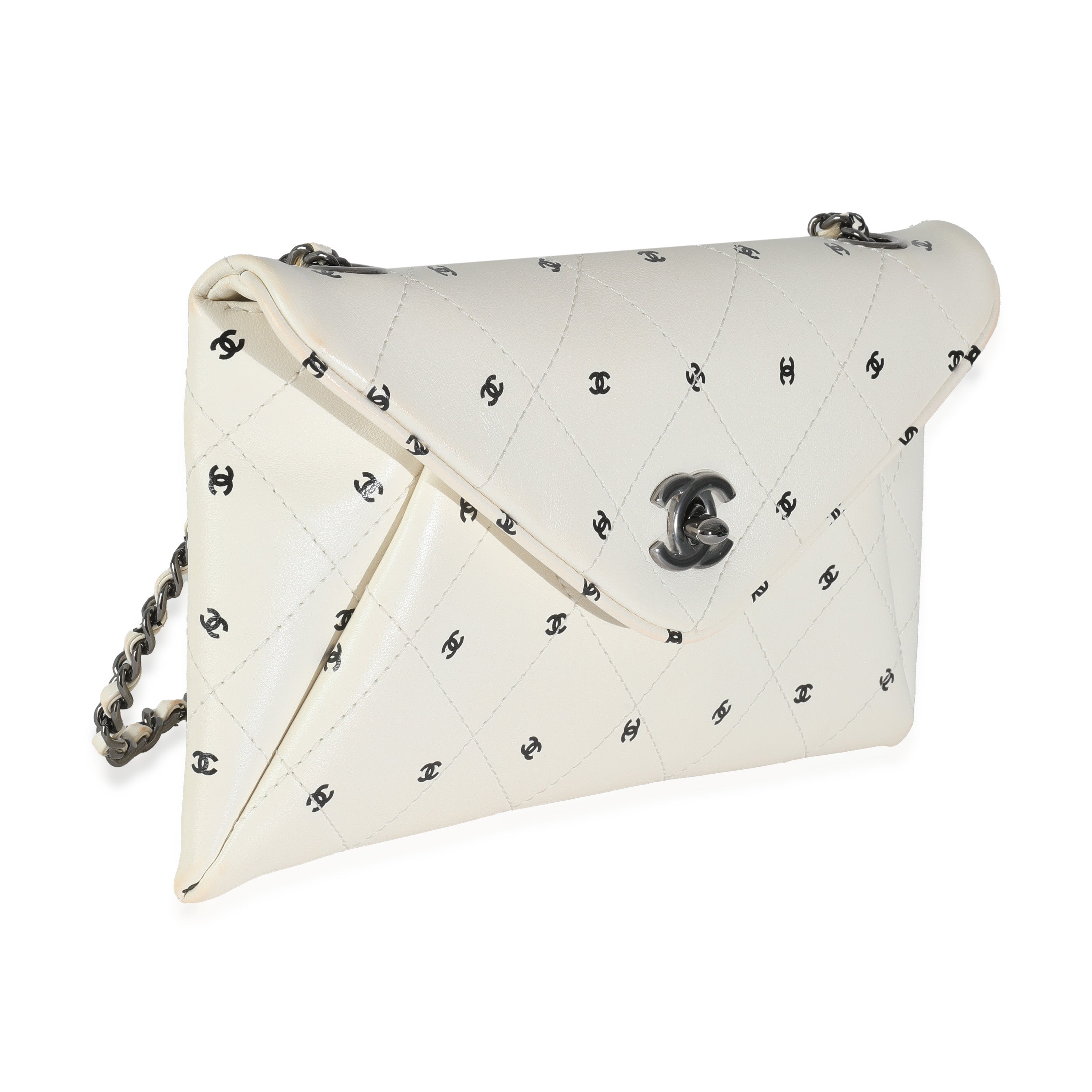 Chanel White Lambskin CC Logo Envelope Clutch With Chain