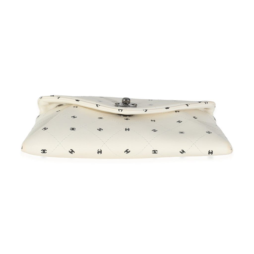 Chanel White Lambskin CC Logo Envelope Clutch With Chain