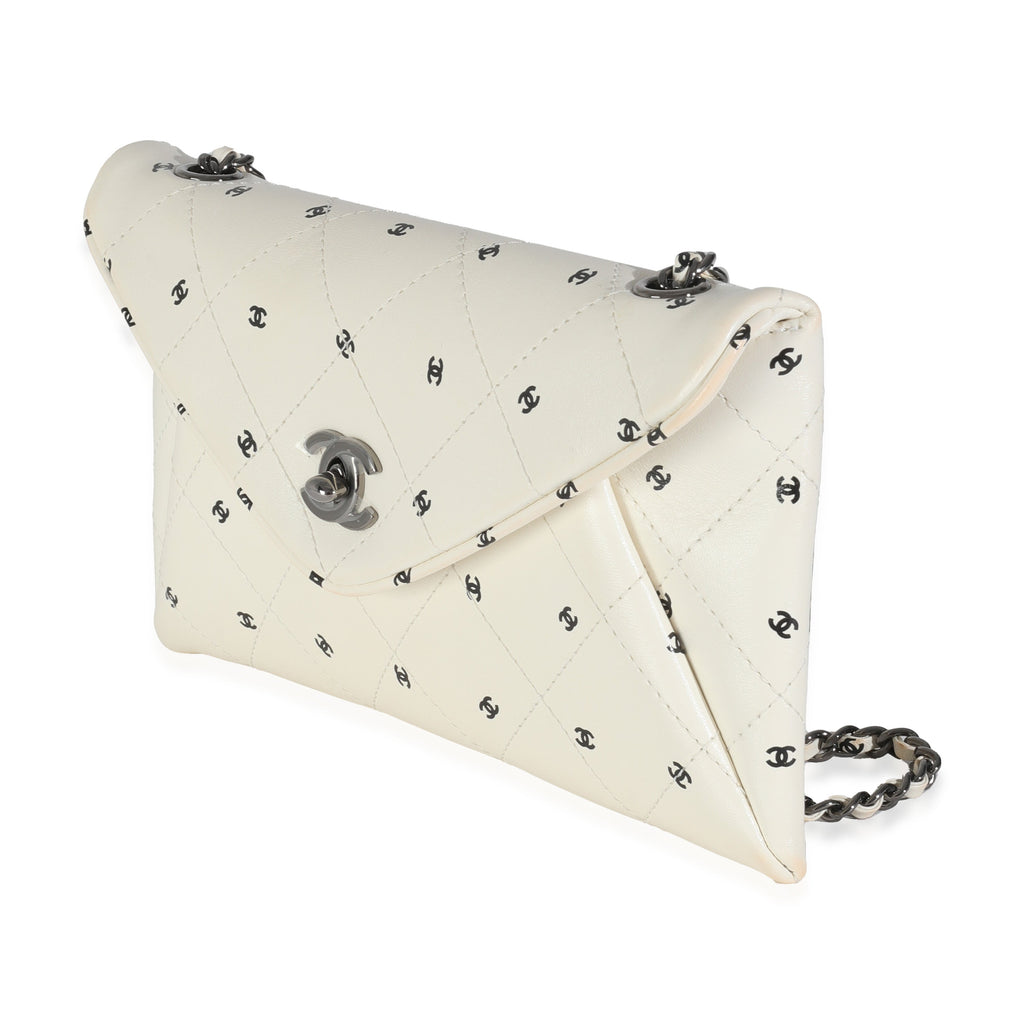 Chanel White Lambskin CC Logo Envelope Clutch With Chain