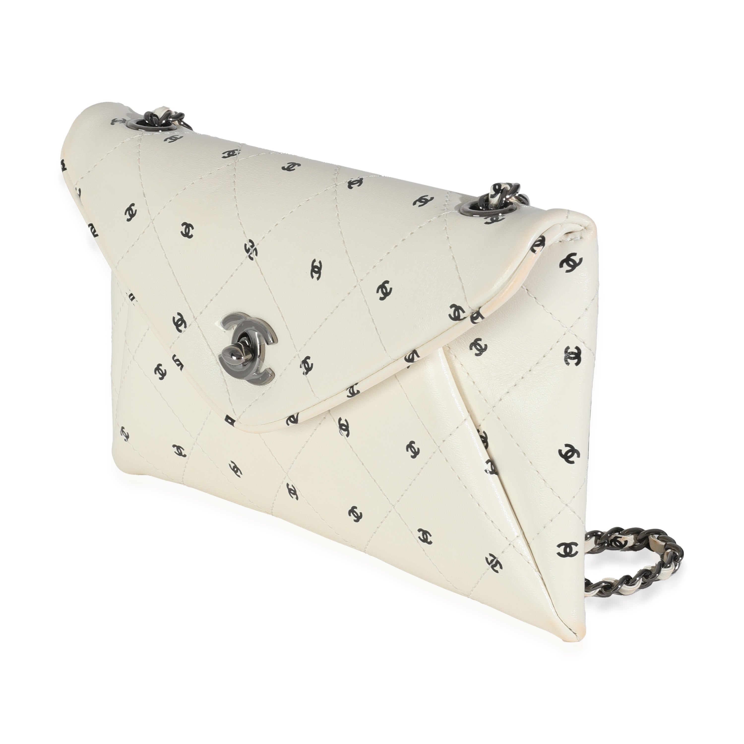 Chanel White Lambskin CC Logo Envelope Clutch With Chain