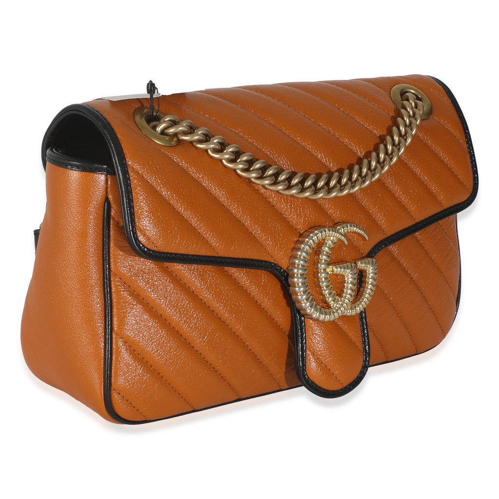 Gucci Cognac Calfskin Matelasse Diagonal Small Torchon GG Marmont Shoulder Bag