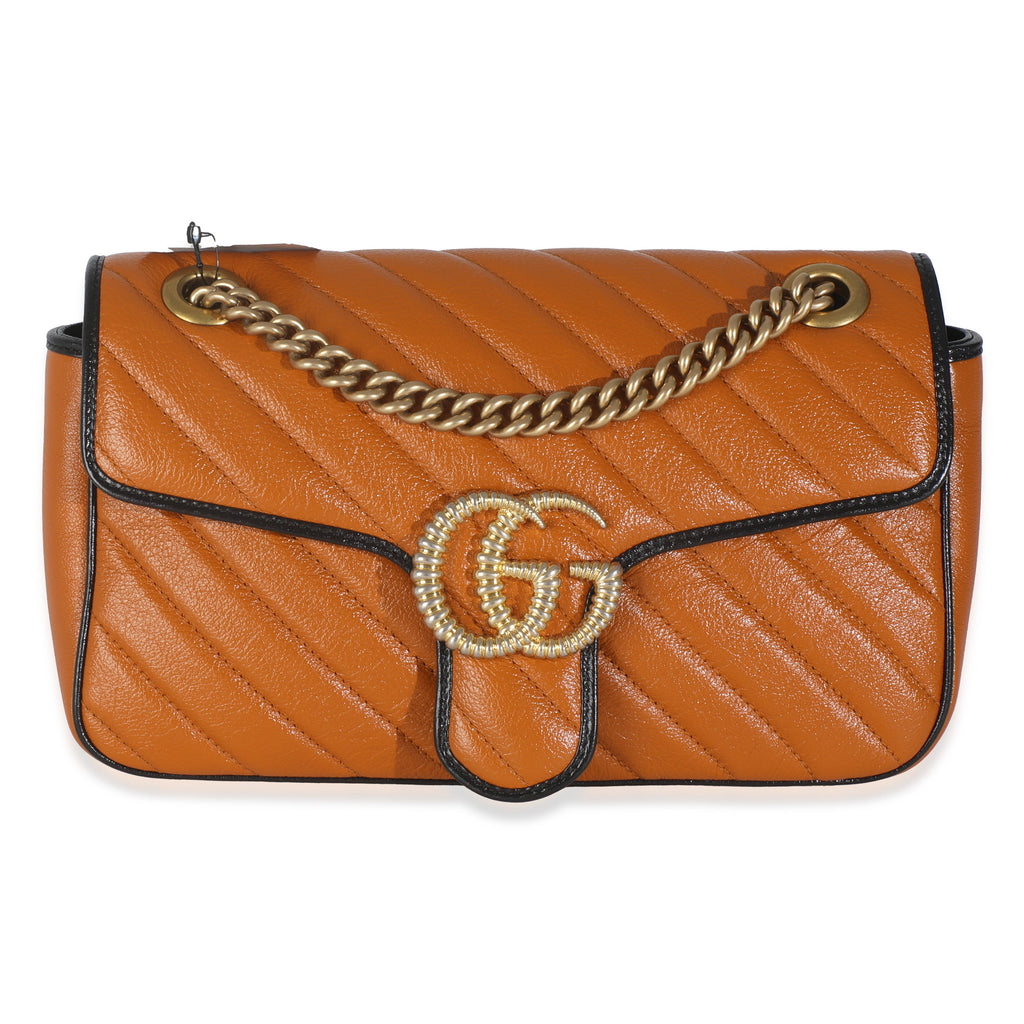 Gucci Cognac Calfskin Matelasse Diagonal Small Torchon GG Marmont Shoulder Bag