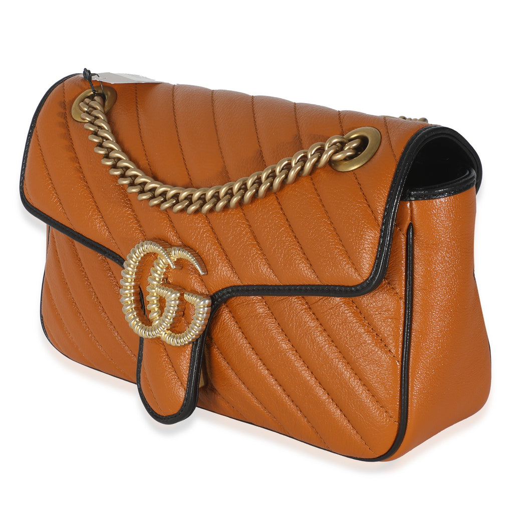 Gucci Cognac Calfskin Matelasse Diagonal Small Torchon GG Marmont Shoulder Bag