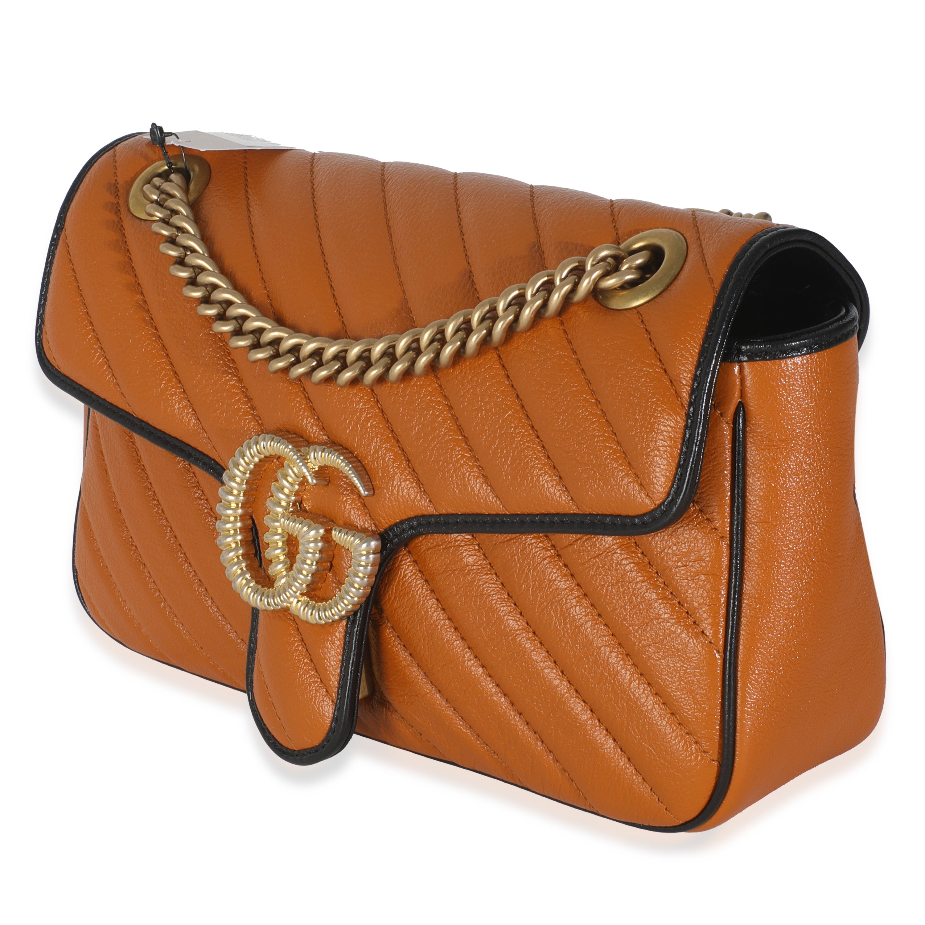 Gucci Cognac Calfskin Matelasse Diagonal Small Torchon GG Marmont Shoulder Bag