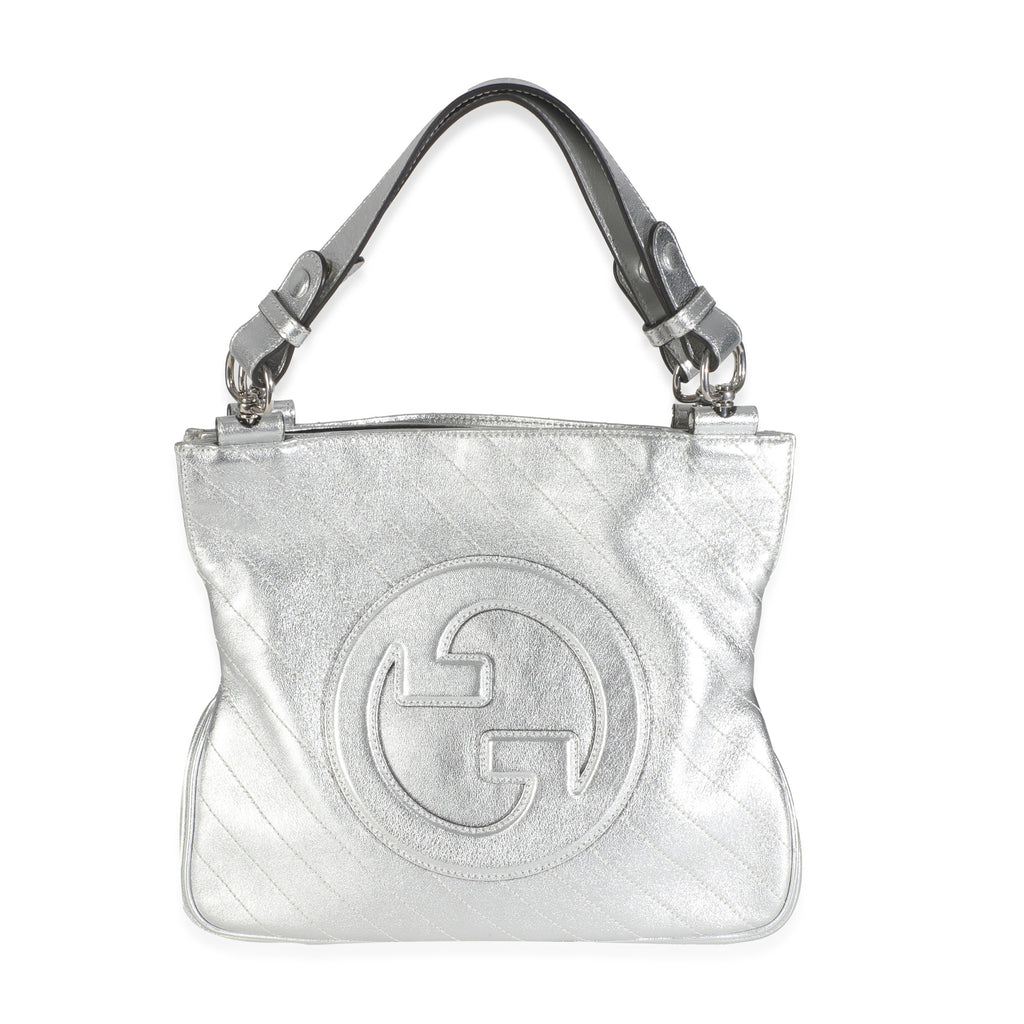 Gucci Silver Metallic Sakai Diagonal Stitched Calfskin Small Blondie Tote