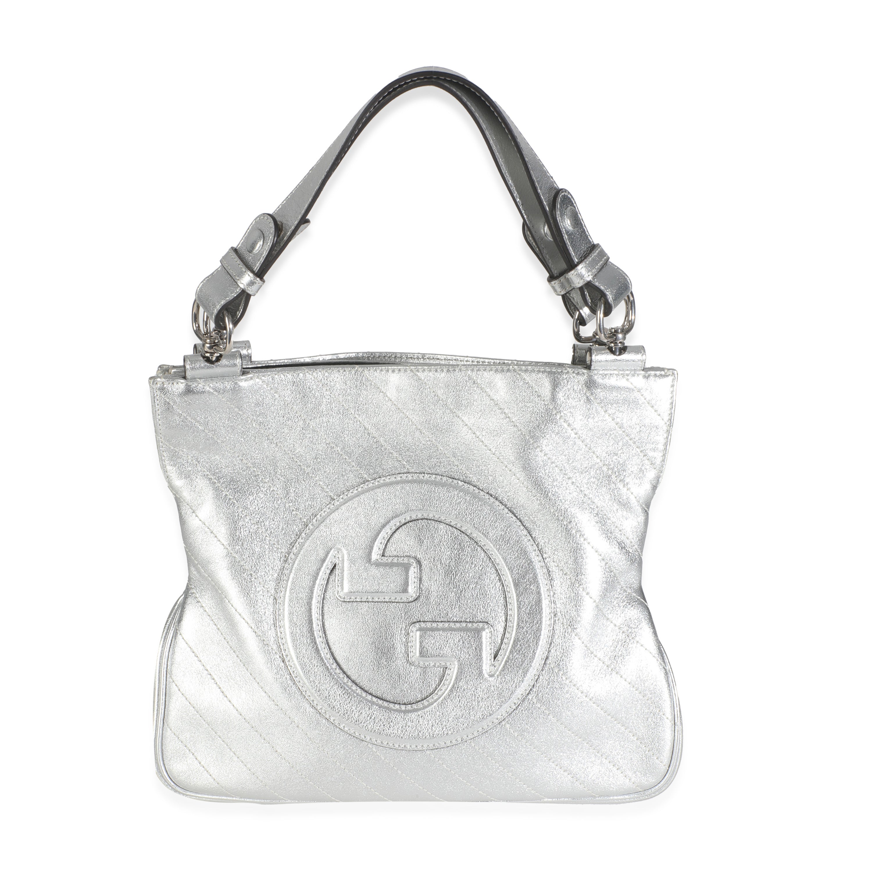 Gucci Silver Metallic Sakai Diagonal Stitched Calfskin Small Blondie Tote