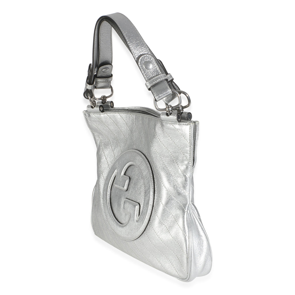 Gucci Silver Metallic Sakai Diagonal Stitched Calfskin Small Blondie Tote