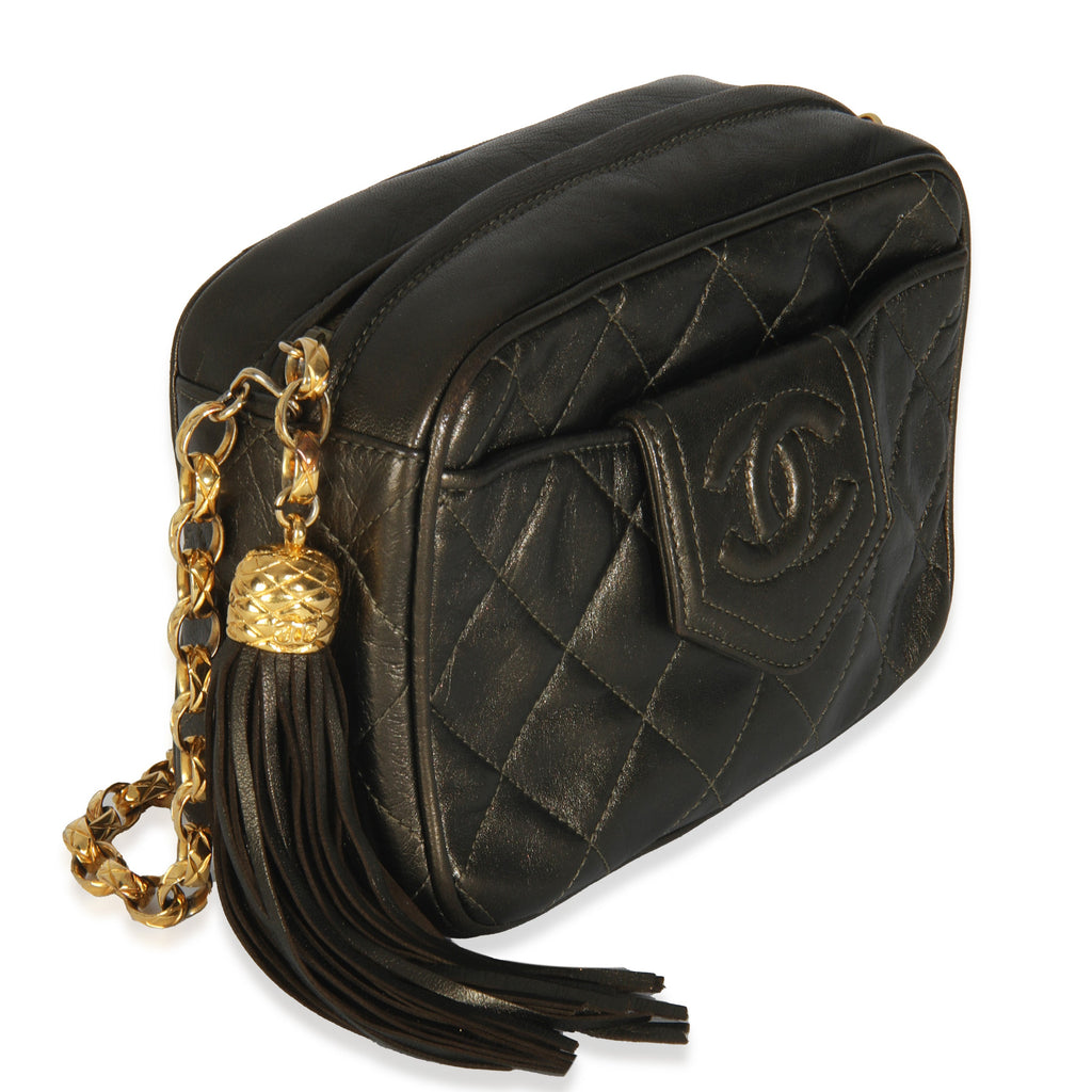 Chanel Vintage Metallic Green Quilted Lambskin Tassel Camera Bag