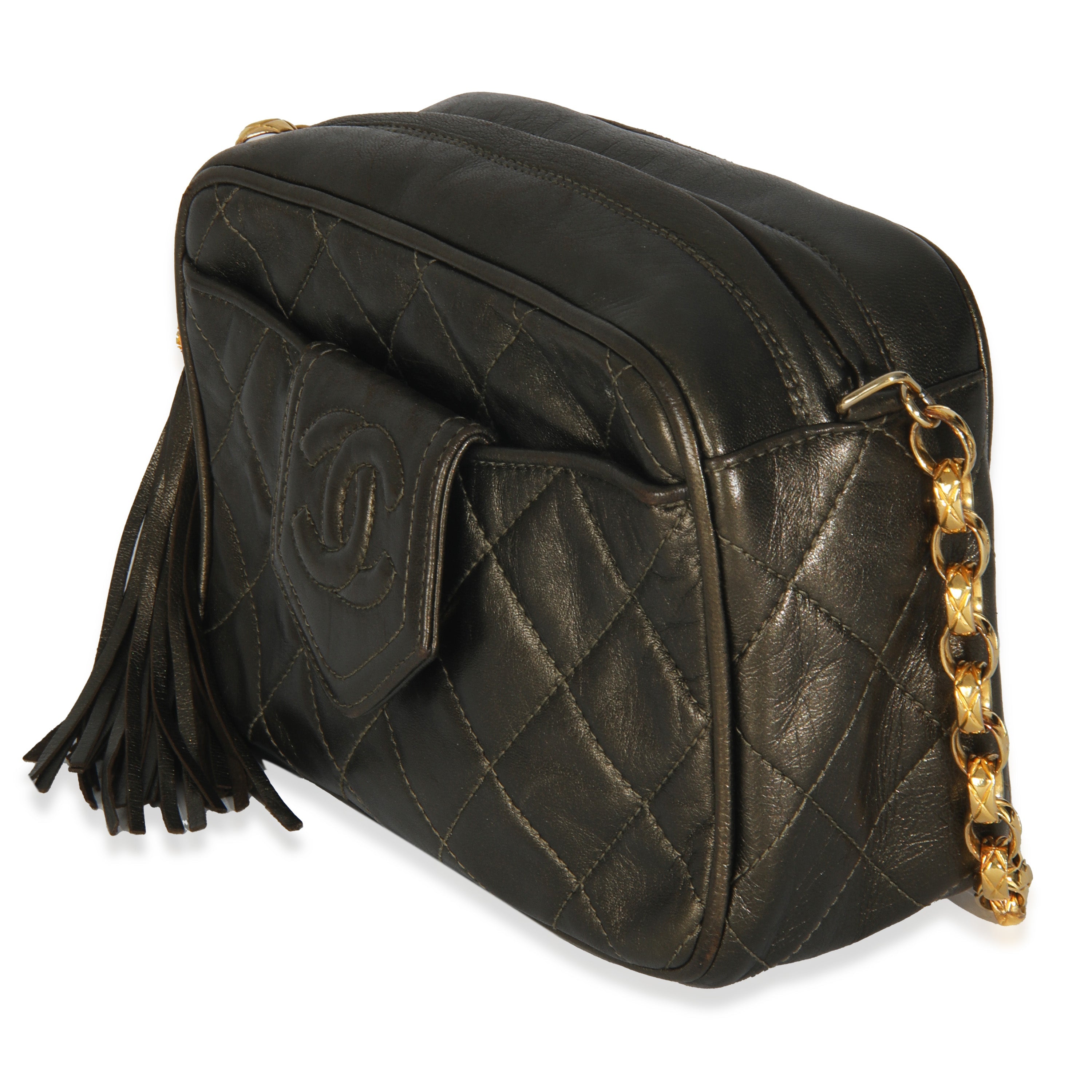 Chanel Vintage Metallic Green Quilted Lambskin Tassel Camera Bag