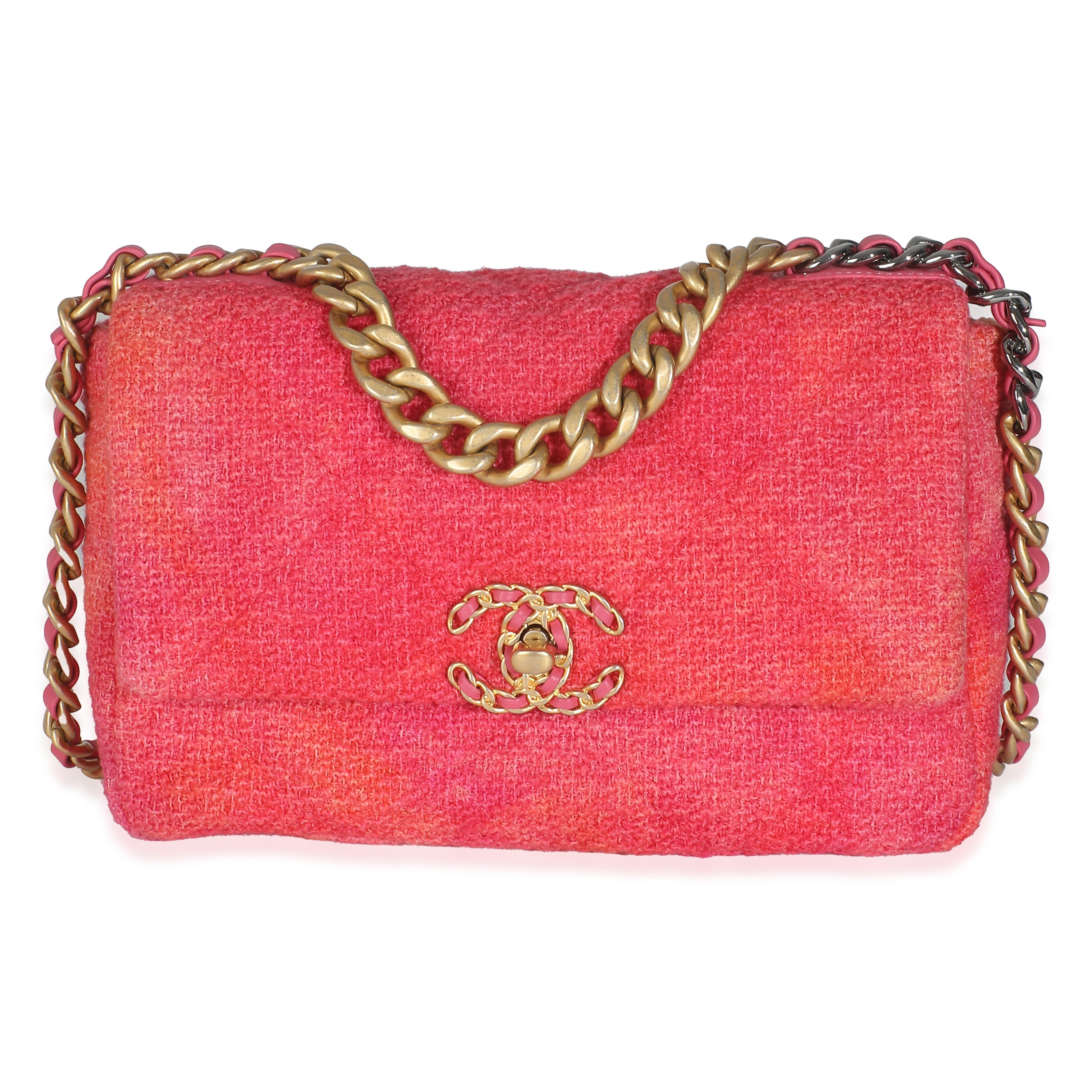 Chanel Coral Pink Tweed Quilted Medium Chanel 19 Flap Bag