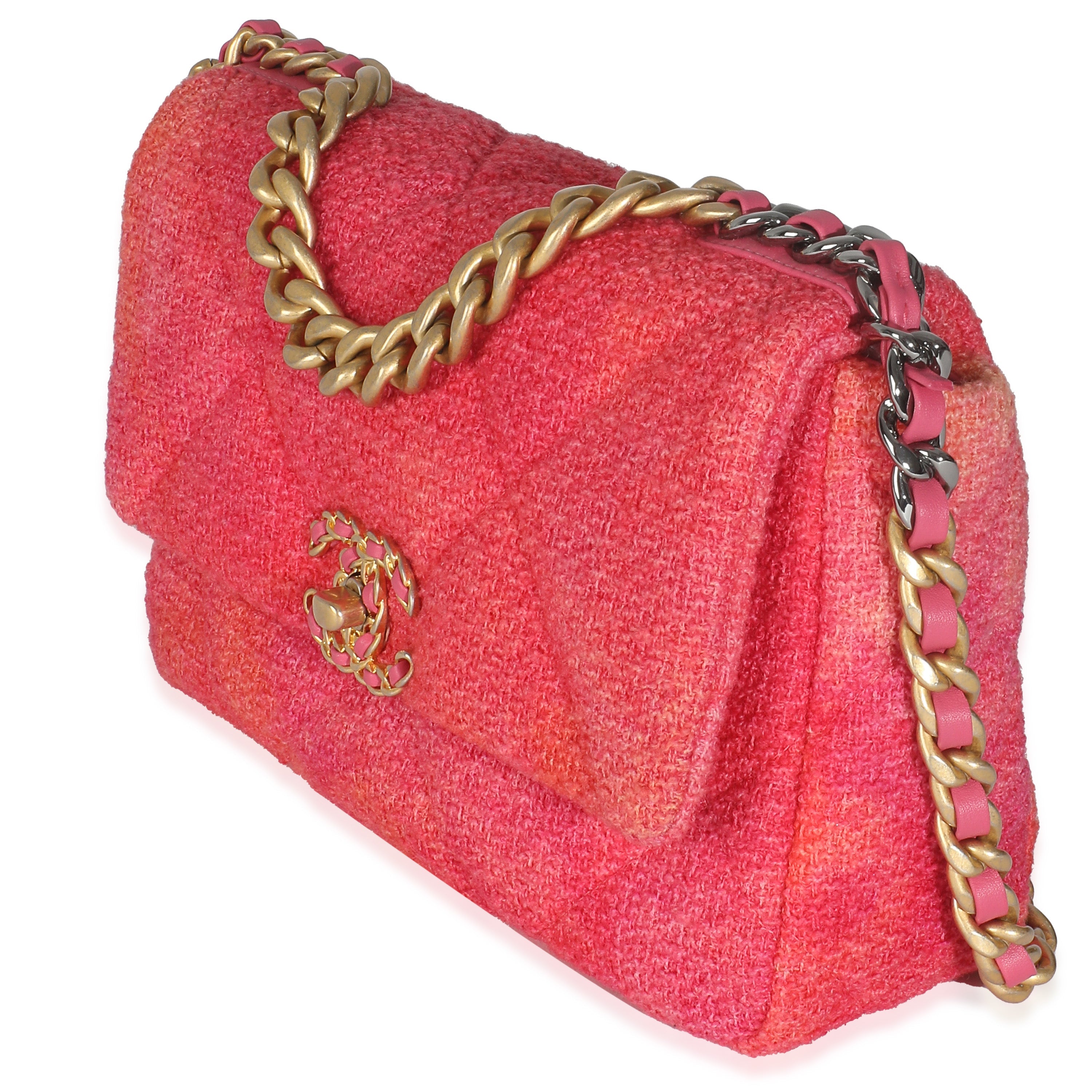 Chanel Coral Pink Tweed Quilted Medium Chanel 19 Flap Bag
