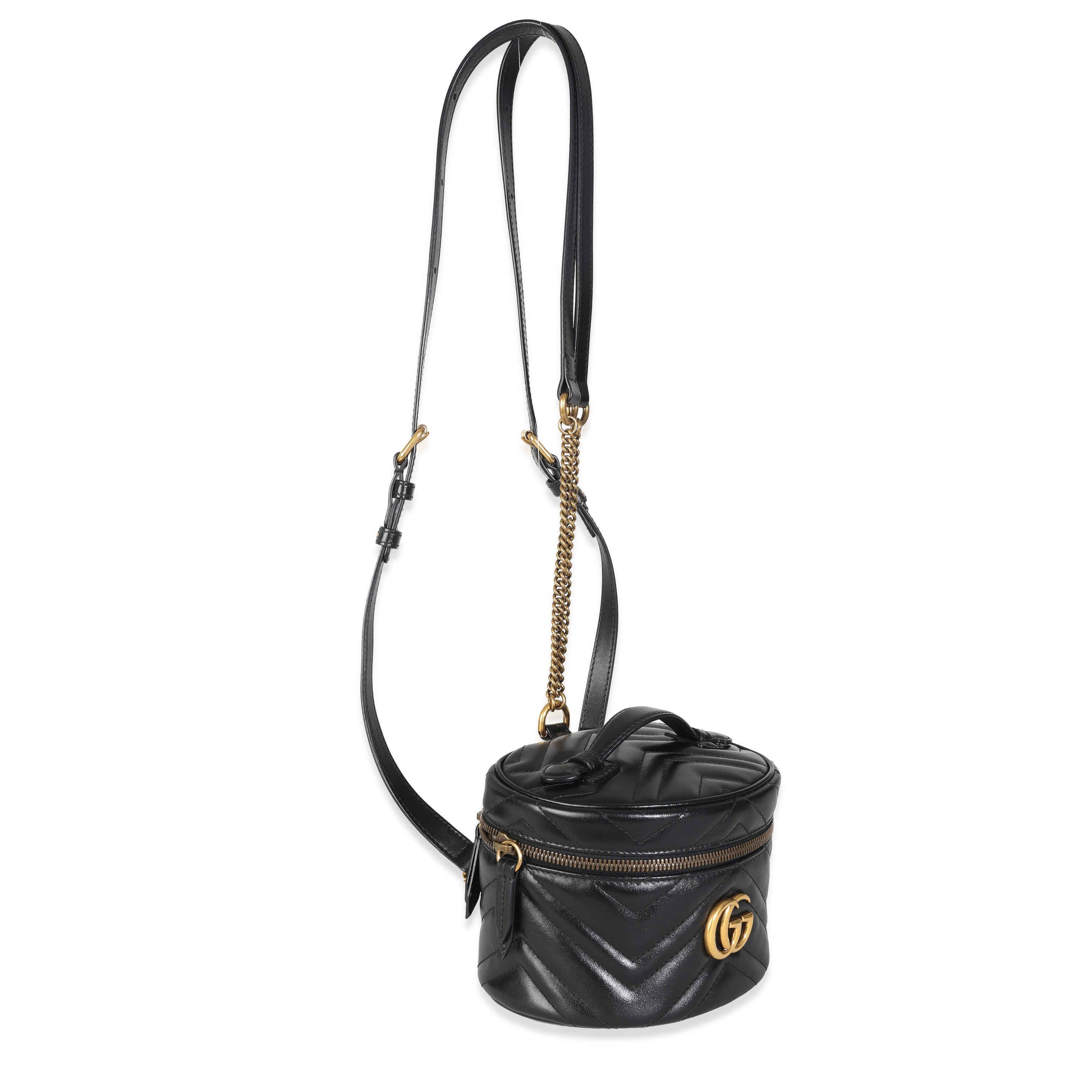 Gucci Black Calfskin Matelasse Mini GG Marmont Round Backpack