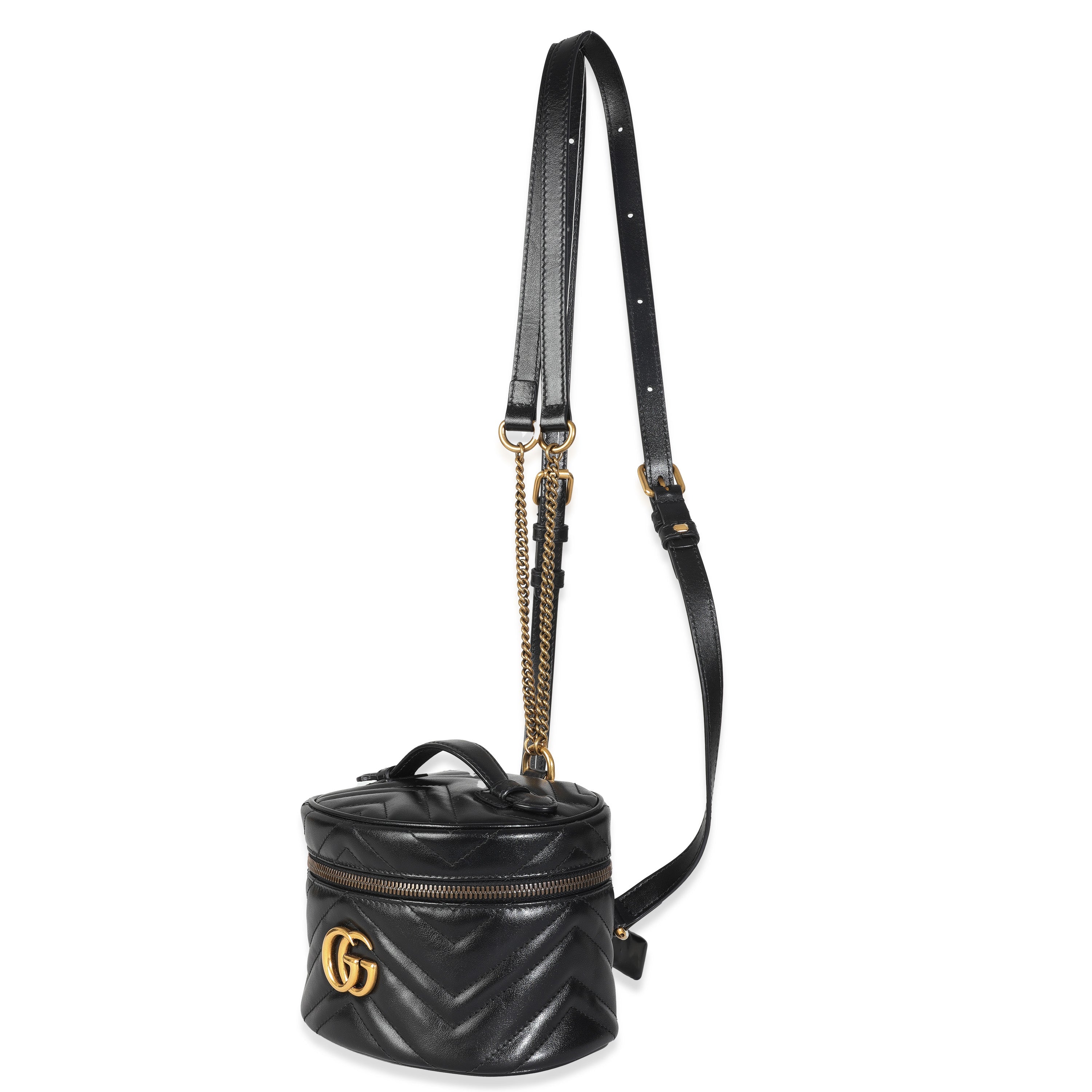 Gucci Black Calfskin Matelasse Mini GG Marmont Round Backpack