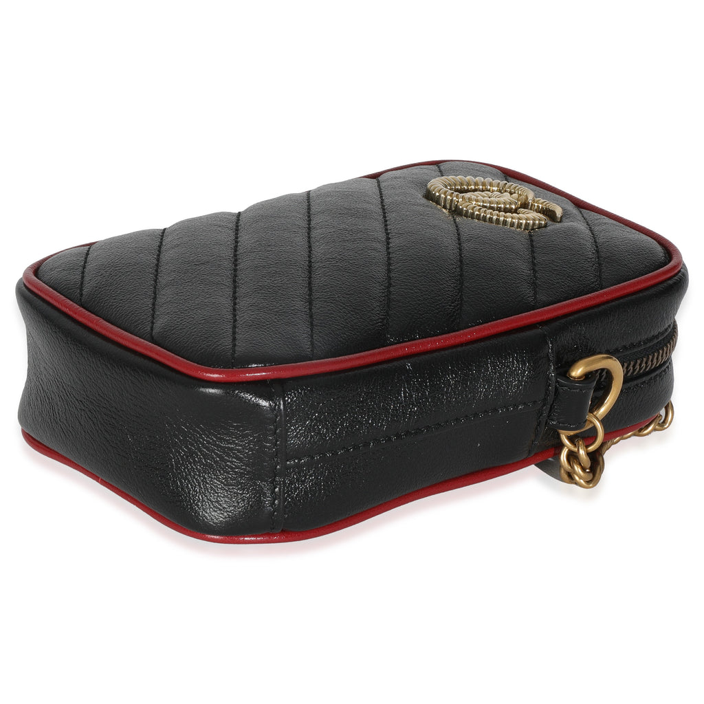 Gucci Red Black Calfskin Matelasse Mini GG Marmont Crossbody Bag