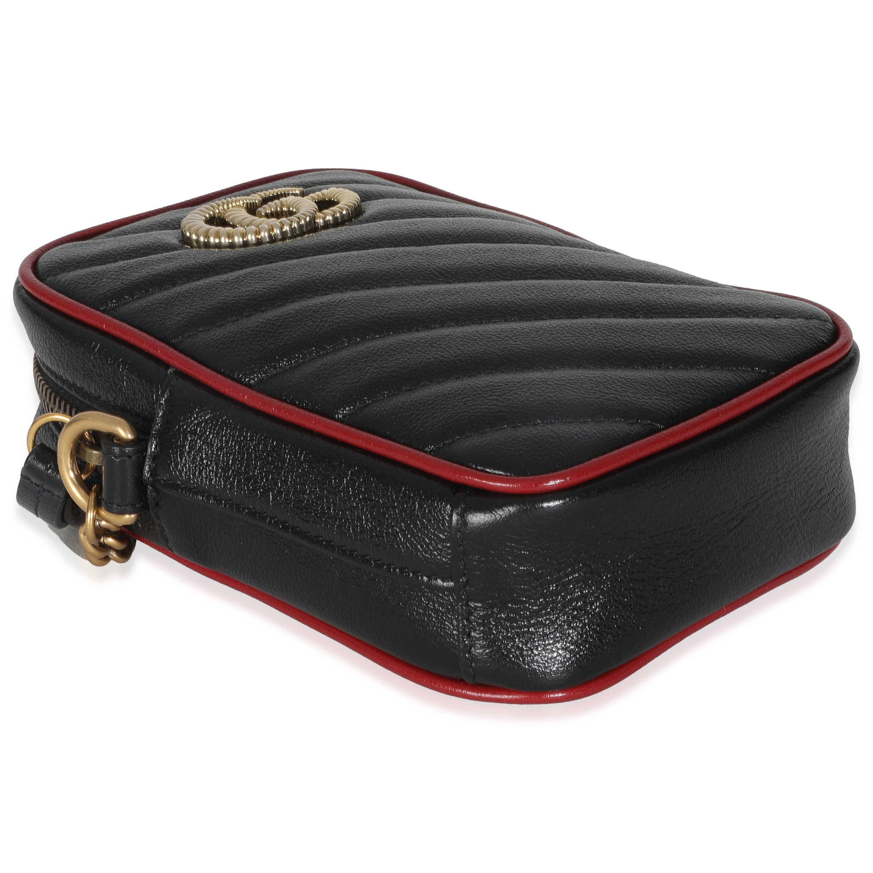 Gucci Red Black Calfskin Matelasse Mini GG Marmont Crossbody Bag