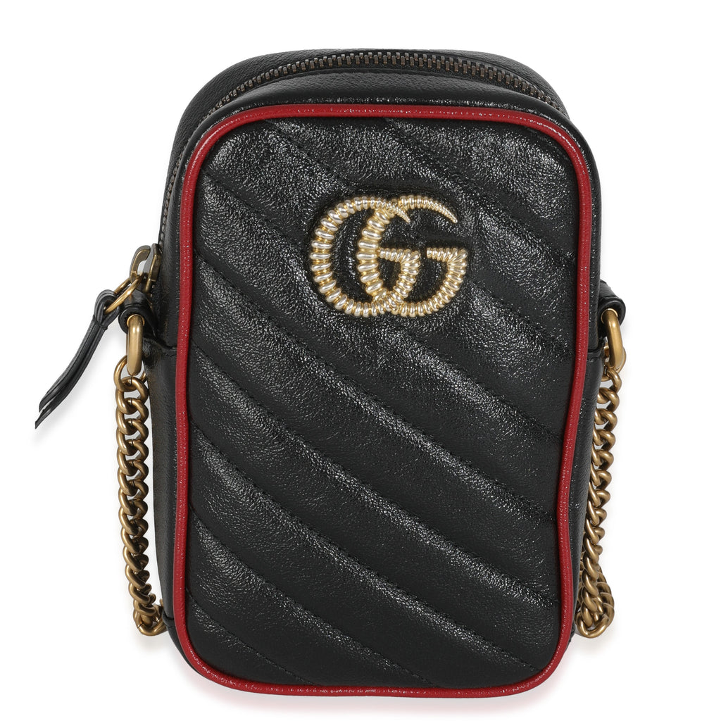 Gucci Red Black Calfskin Matelasse Mini GG Marmont Crossbody Bag