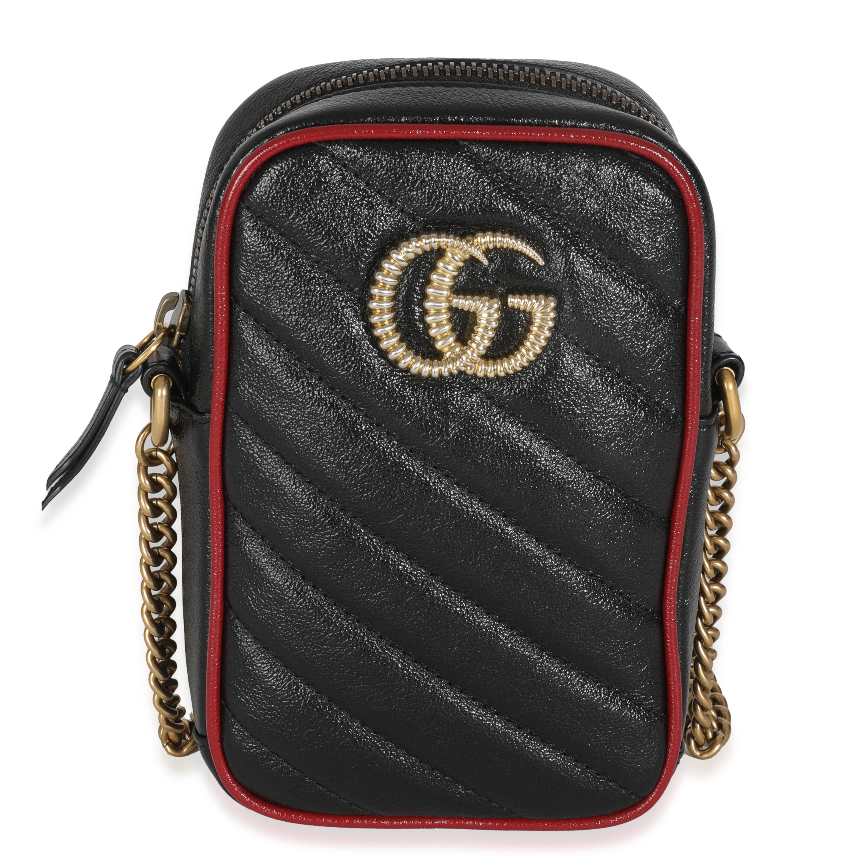 Gucci Red Black Calfskin Matelasse Mini GG Marmont Crossbody Bag