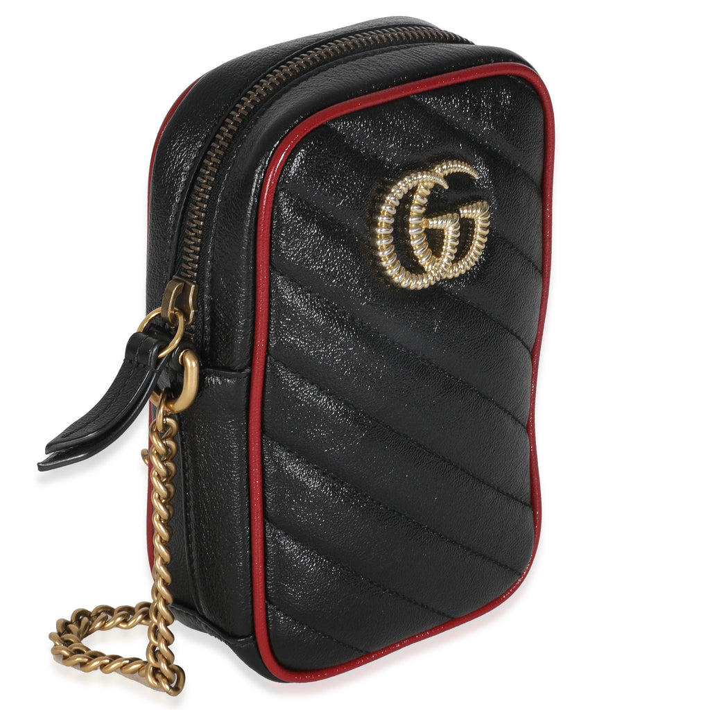 Gucci Red Black Calfskin Matelasse Mini GG Marmont Crossbody Bag
