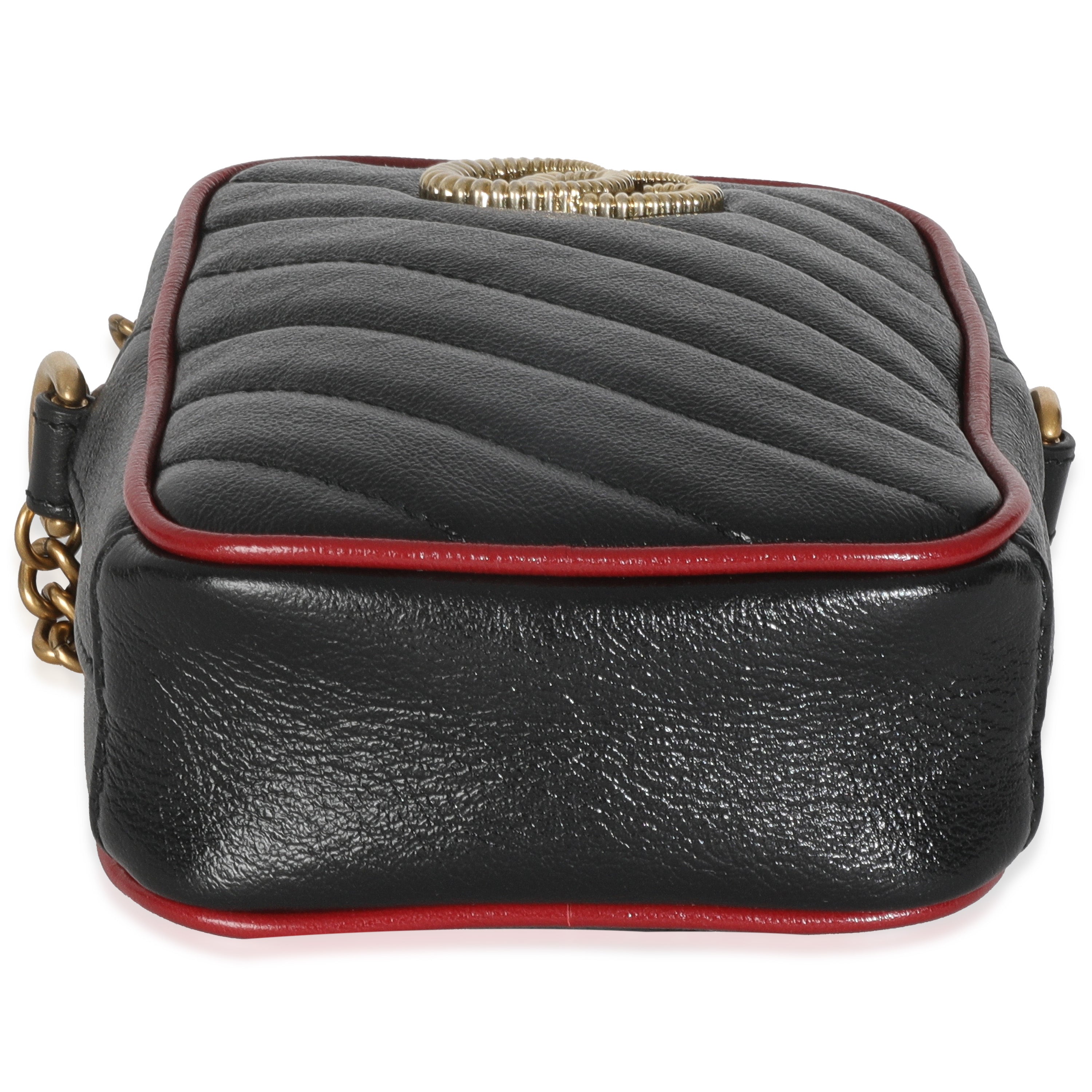 Gucci Red Black Calfskin Matelasse Mini GG Marmont Crossbody Bag