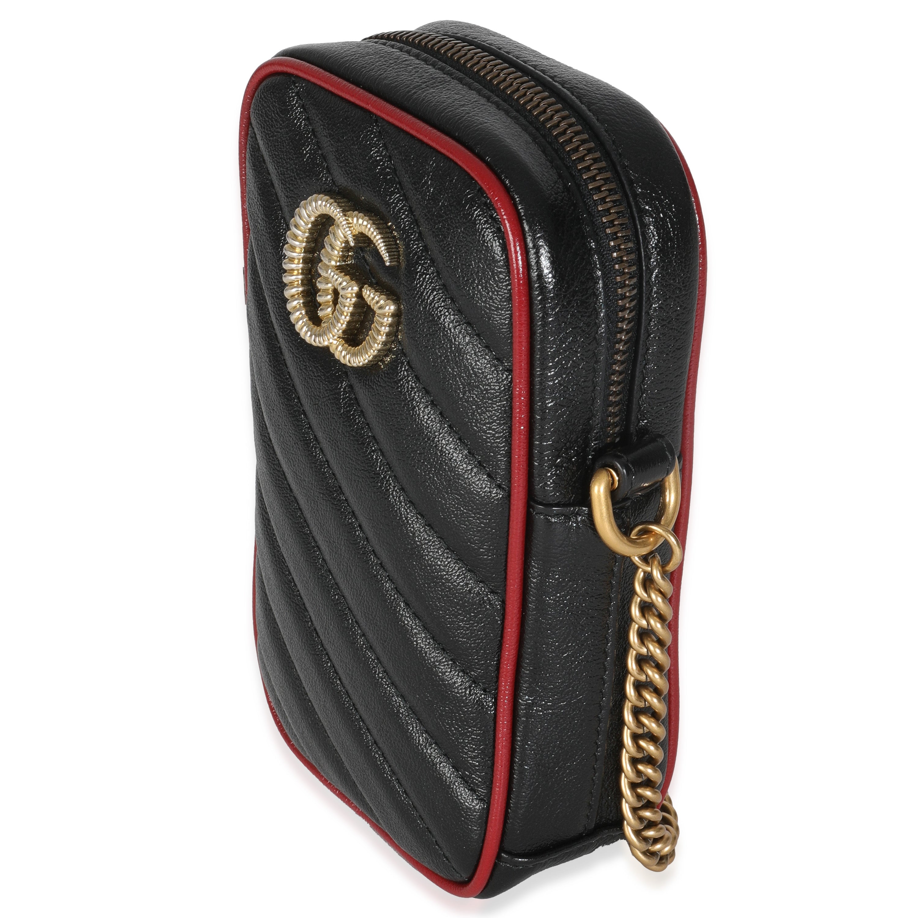 Gucci Red Black Calfskin Matelasse Mini GG Marmont Crossbody Bag