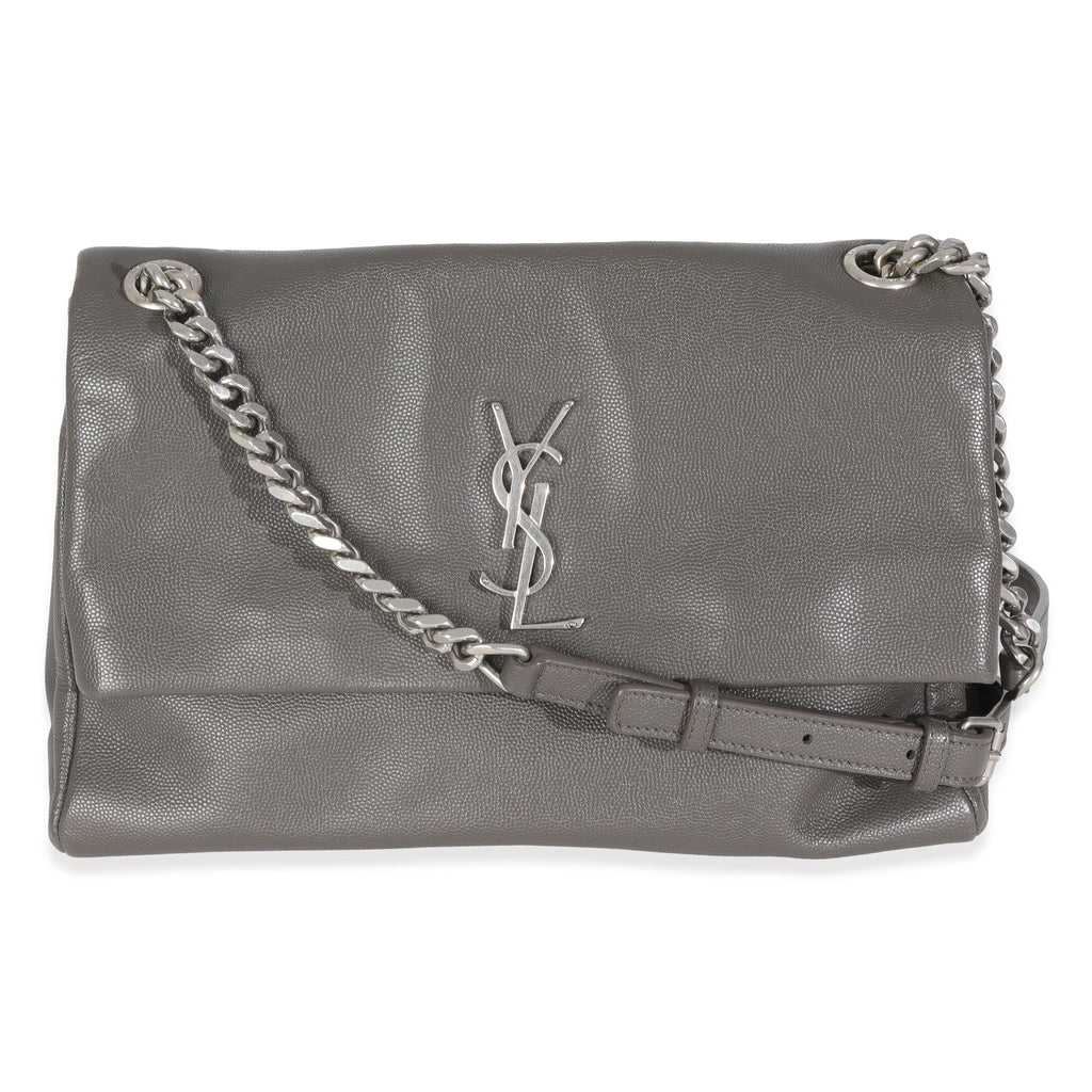 Saint Laurent Grey Grained Calfskin Medium West Hollywood Monogram Fold Over Bag
