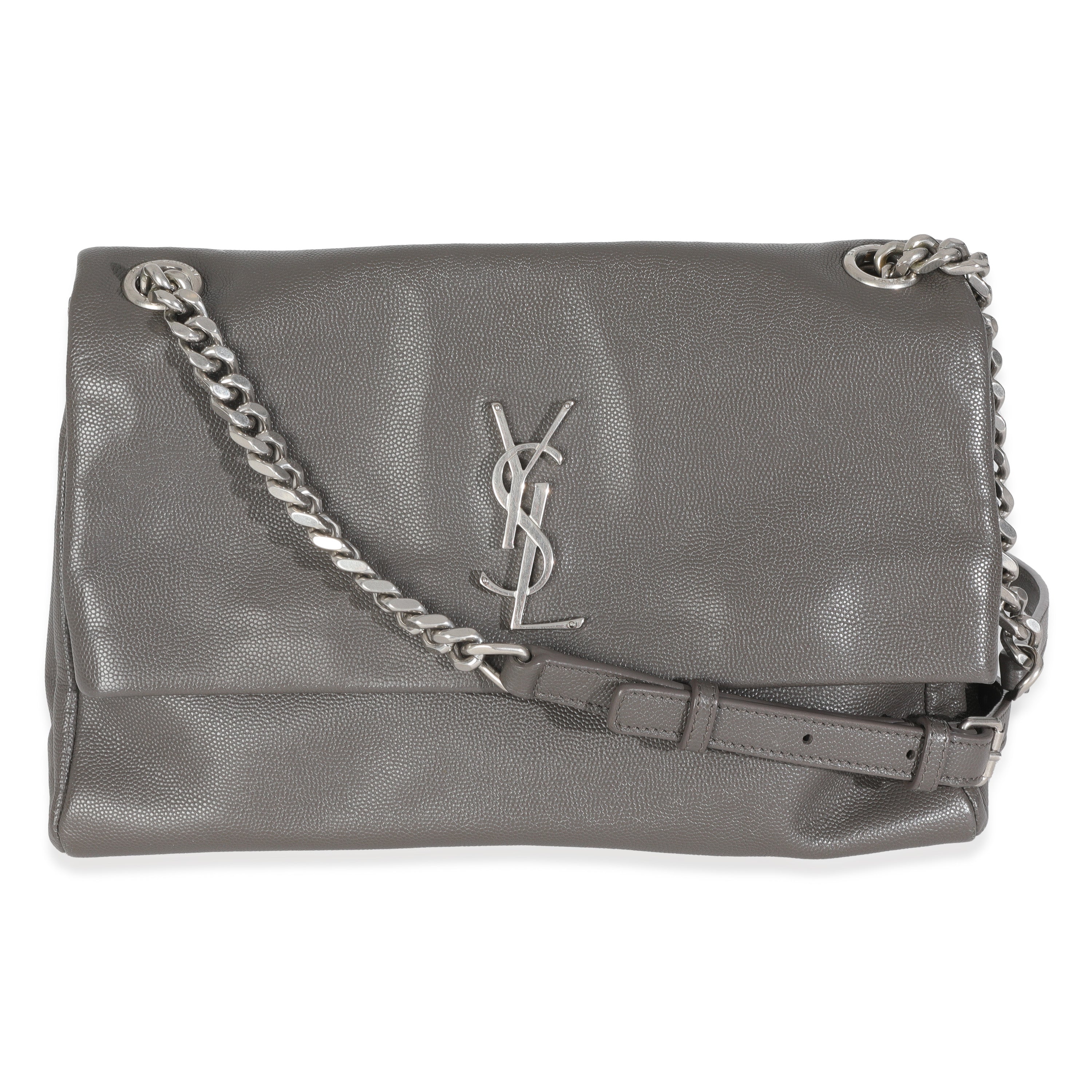 Saint Laurent Grey Grained Calfskin Medium West Hollywood Monogram Fold Over Bag