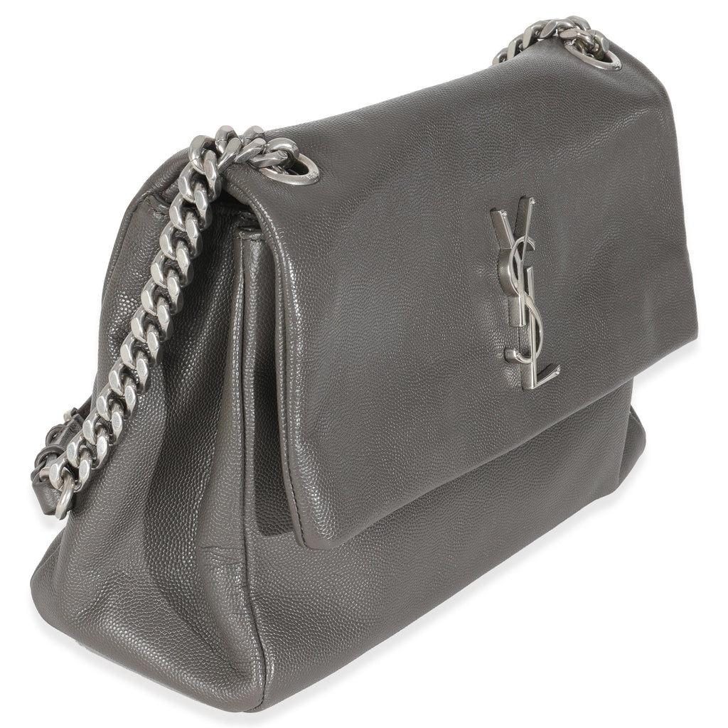 Saint Laurent Grey Grained Calfskin Medium West Hollywood Monogram Fold Over Bag