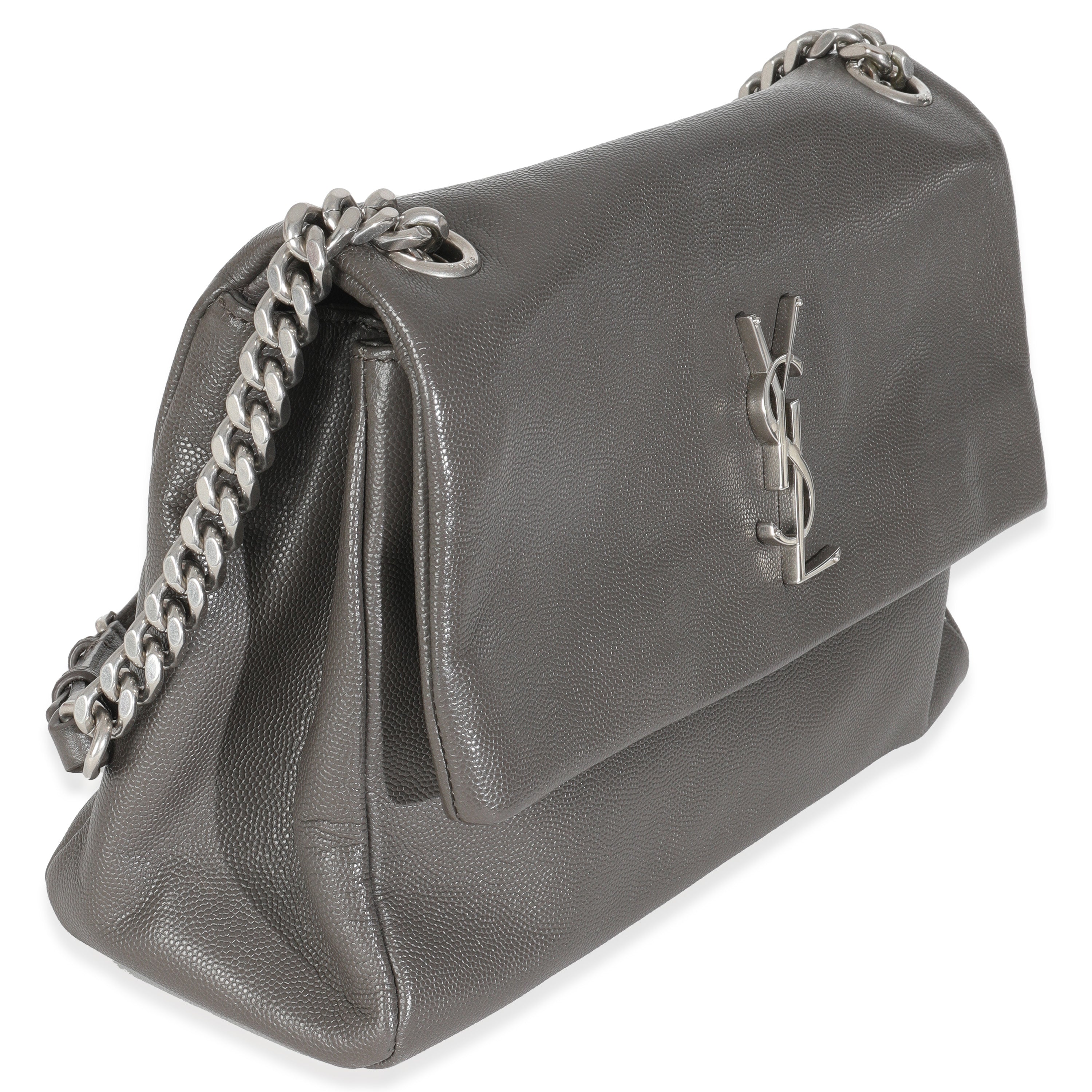 Saint Laurent Grey Grained Calfskin Medium West Hollywood Monogram Fold Over Bag