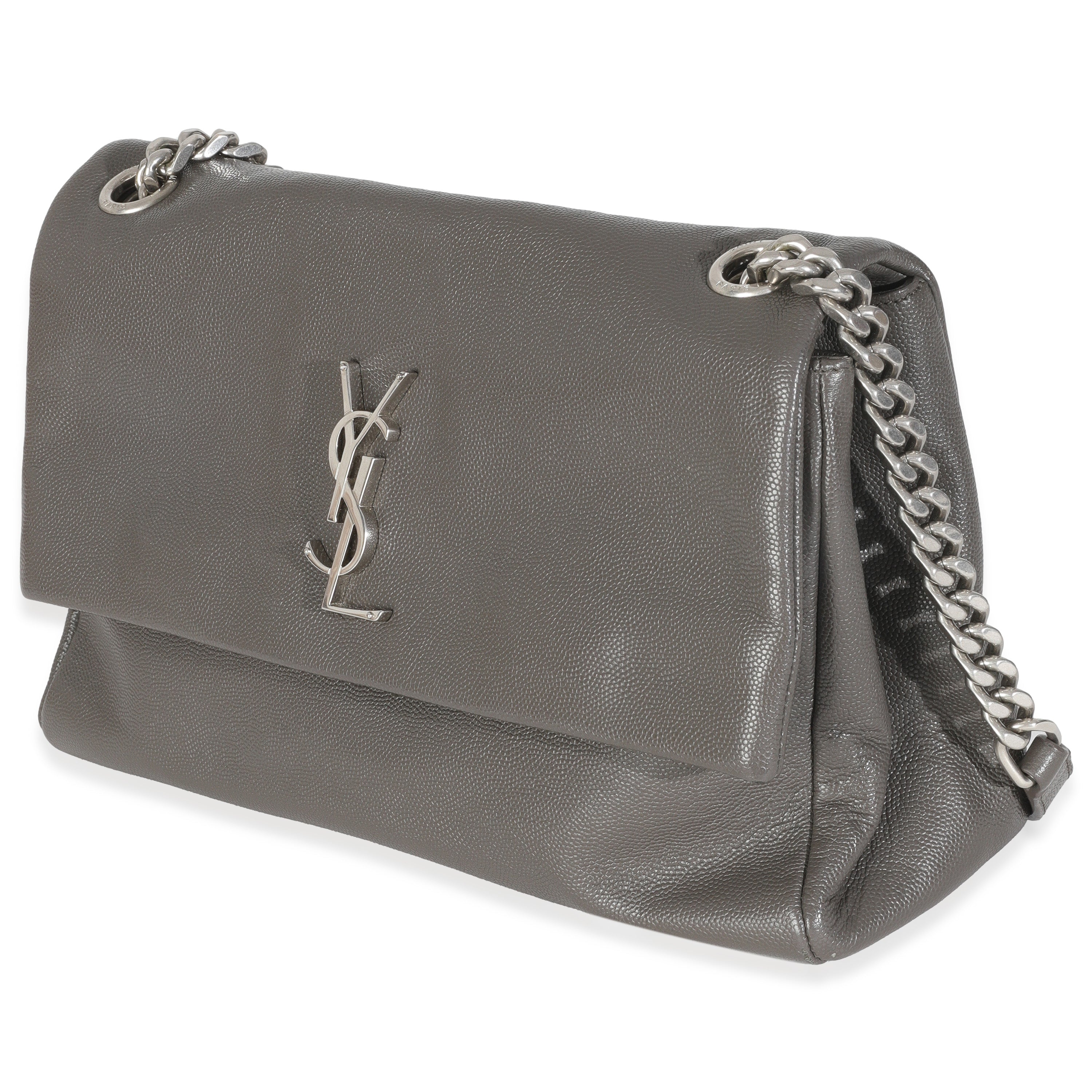 Saint Laurent Grey Grained Calfskin Medium West Hollywood Monogram Fold Over Bag